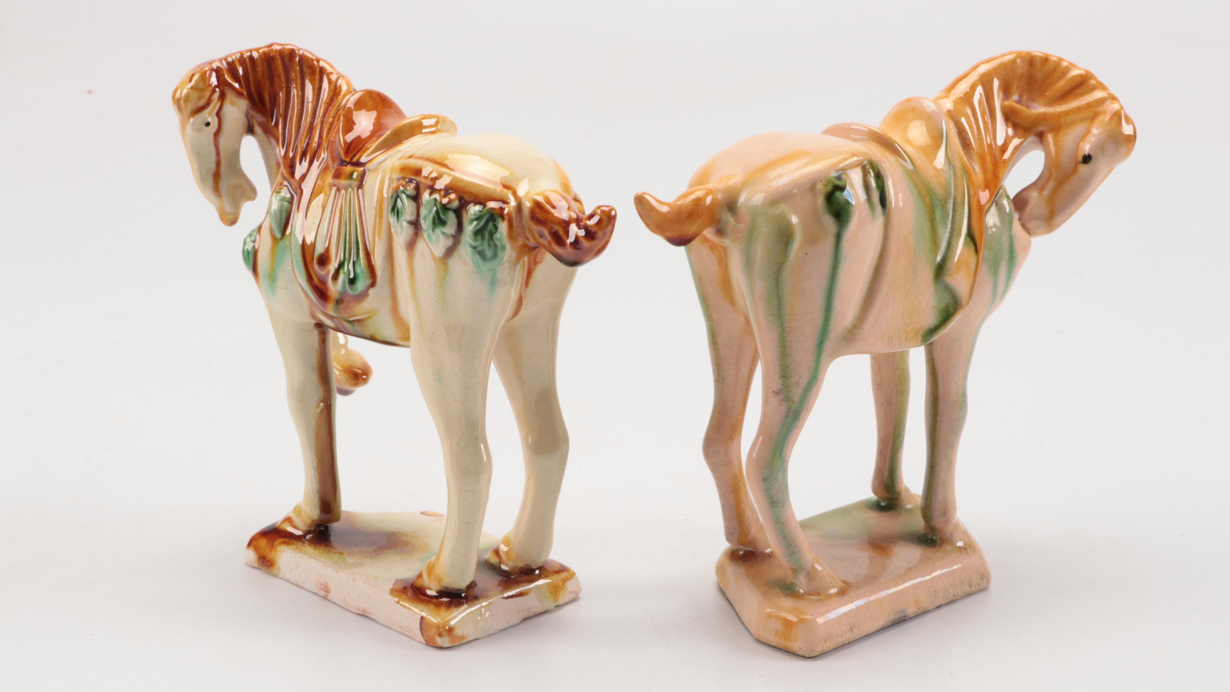 Chinese Tang Dynasty Style Sancai Glazed Ceramic Horse Figurines