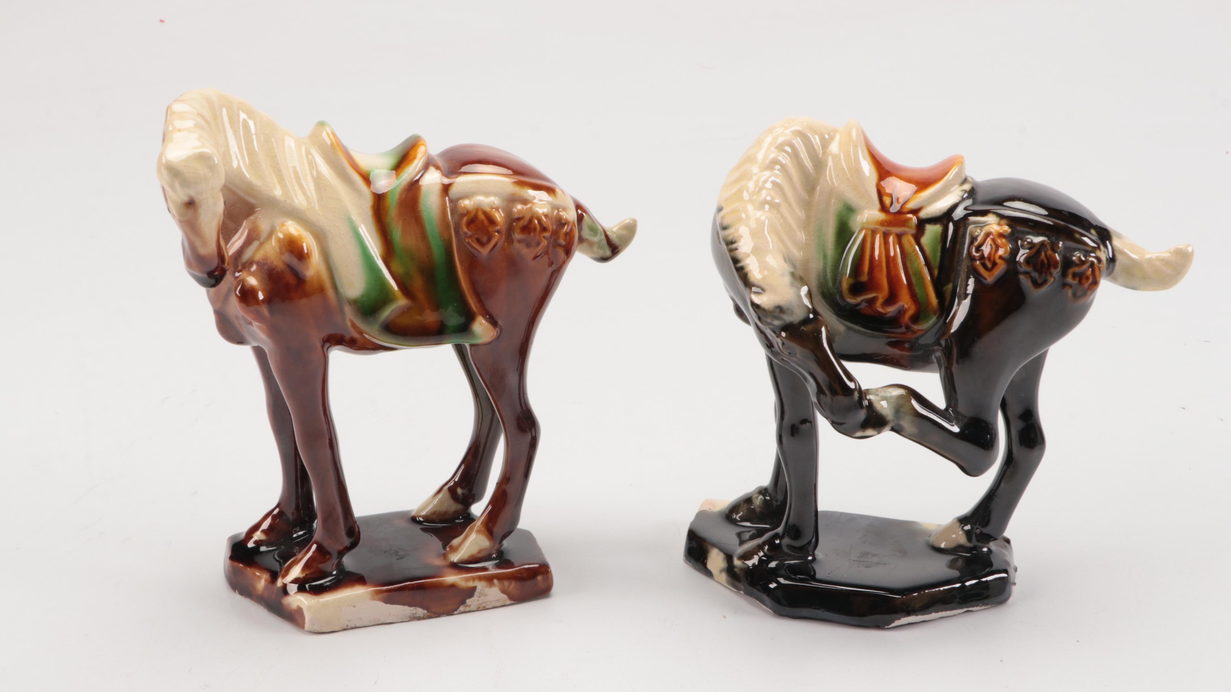 Chinese Tang Dynasty Style Sancai Glazed Ceramic Horse Figurines