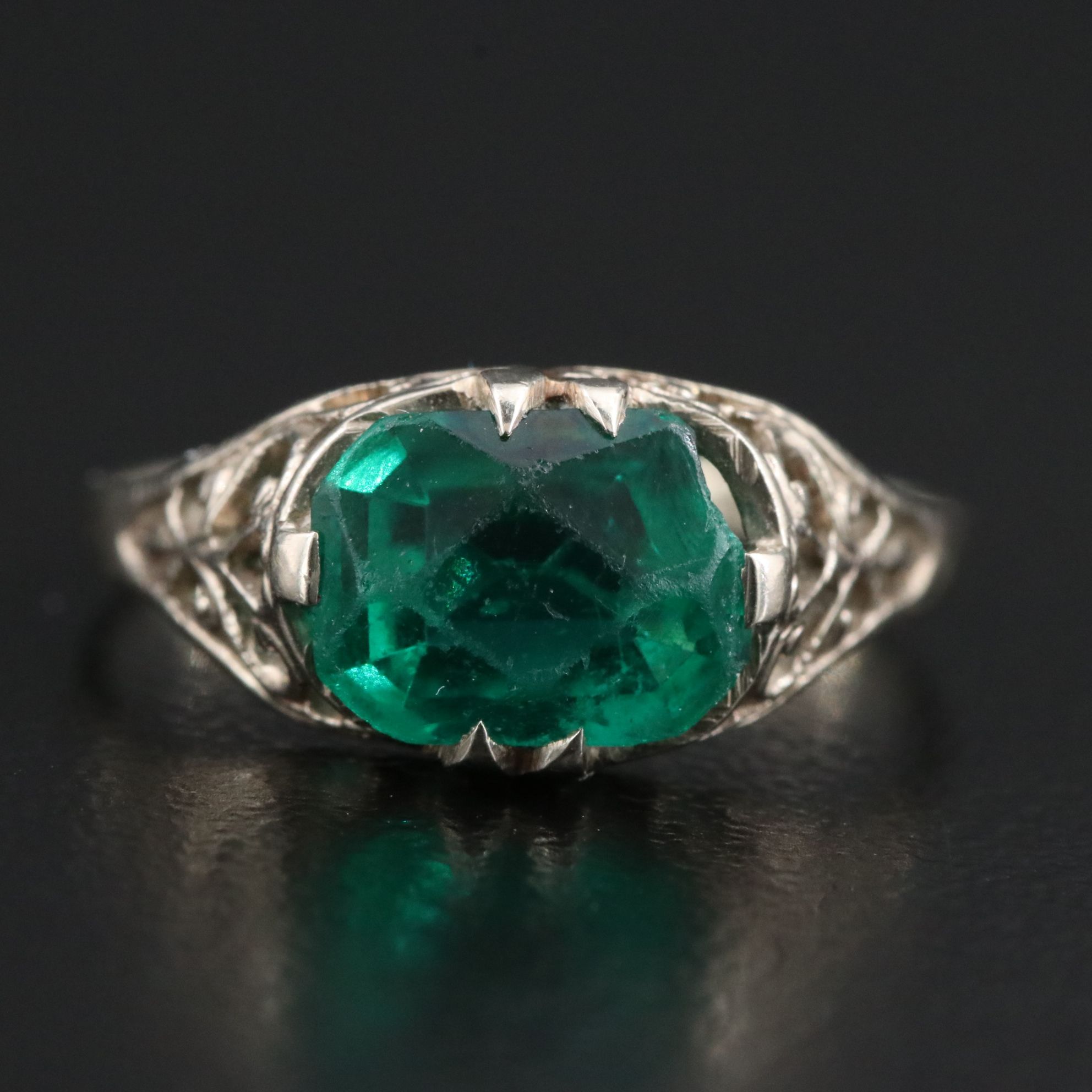 Art Deco 10K Green Glass Piercework Ring