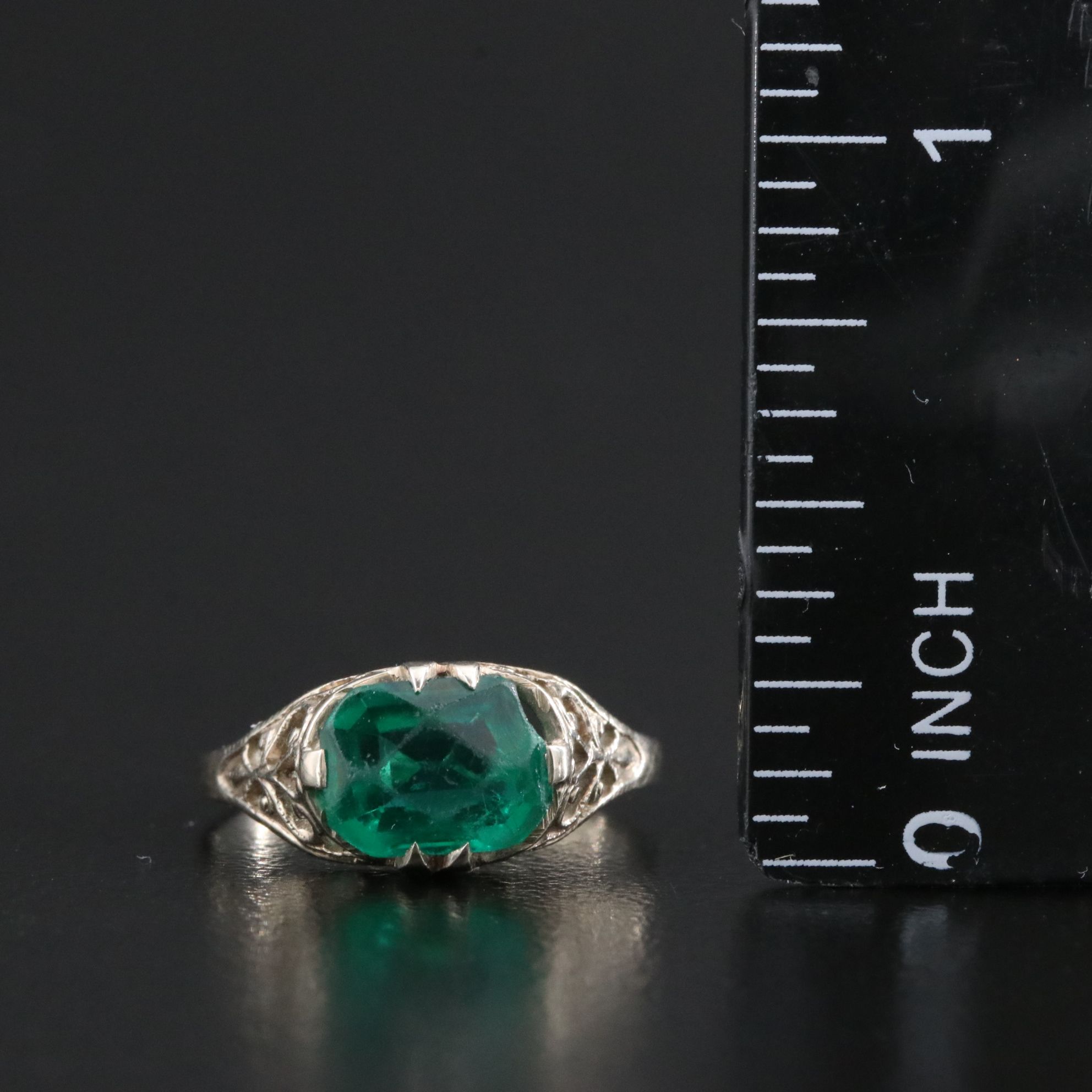 Art Deco 10K Green Glass Piercework Ring