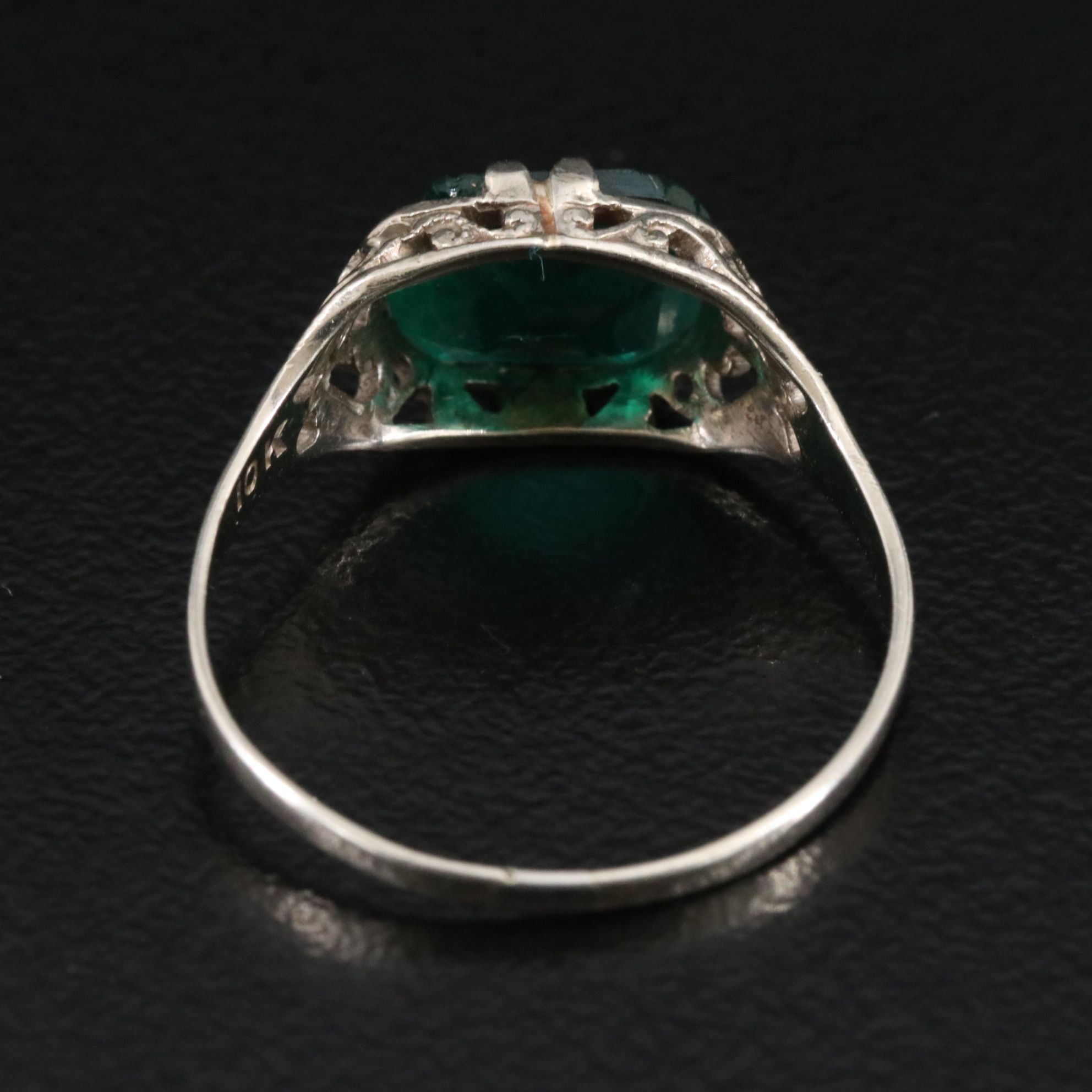 Art Deco 10K Green Glass Piercework Ring