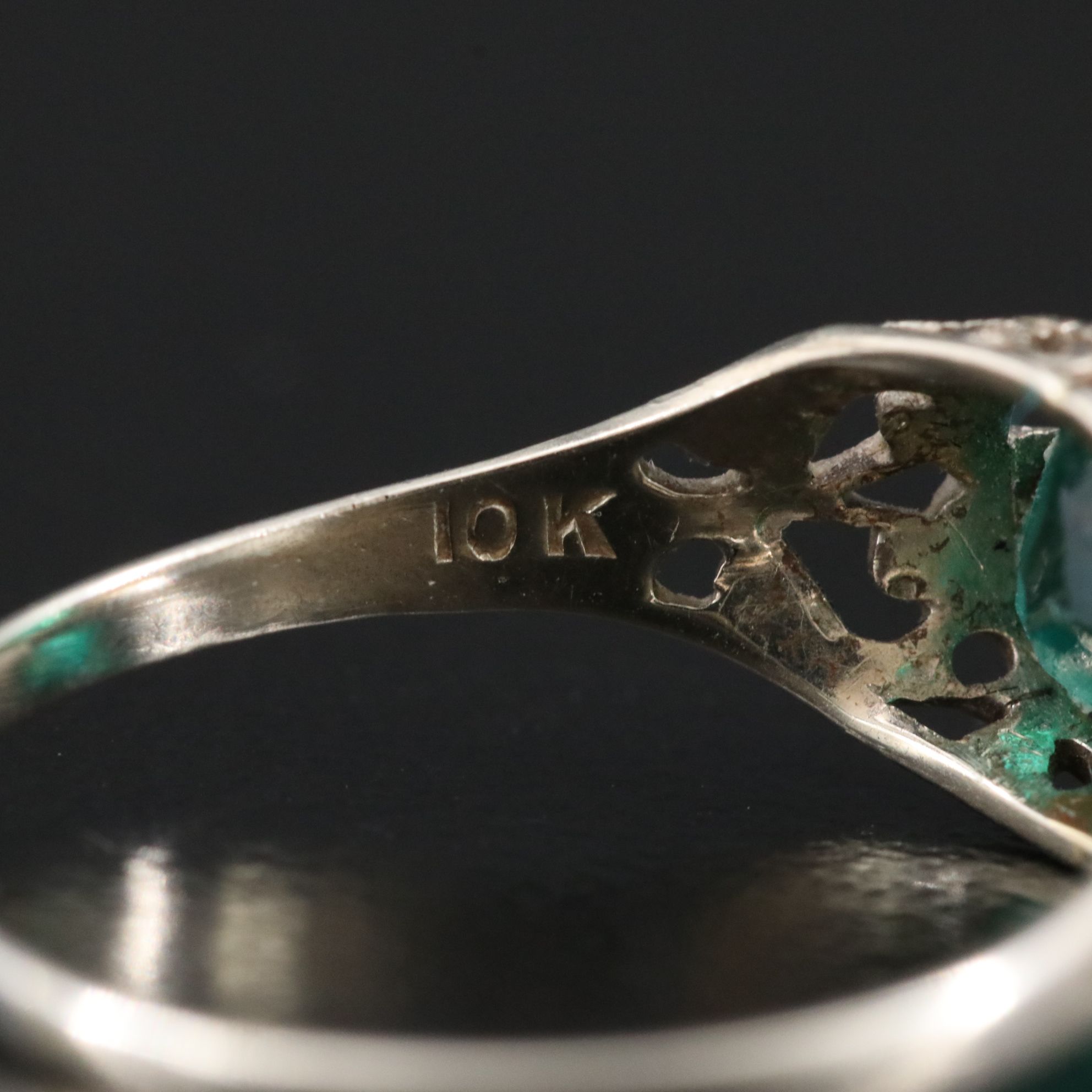 Art Deco 10K Green Glass Piercework Ring