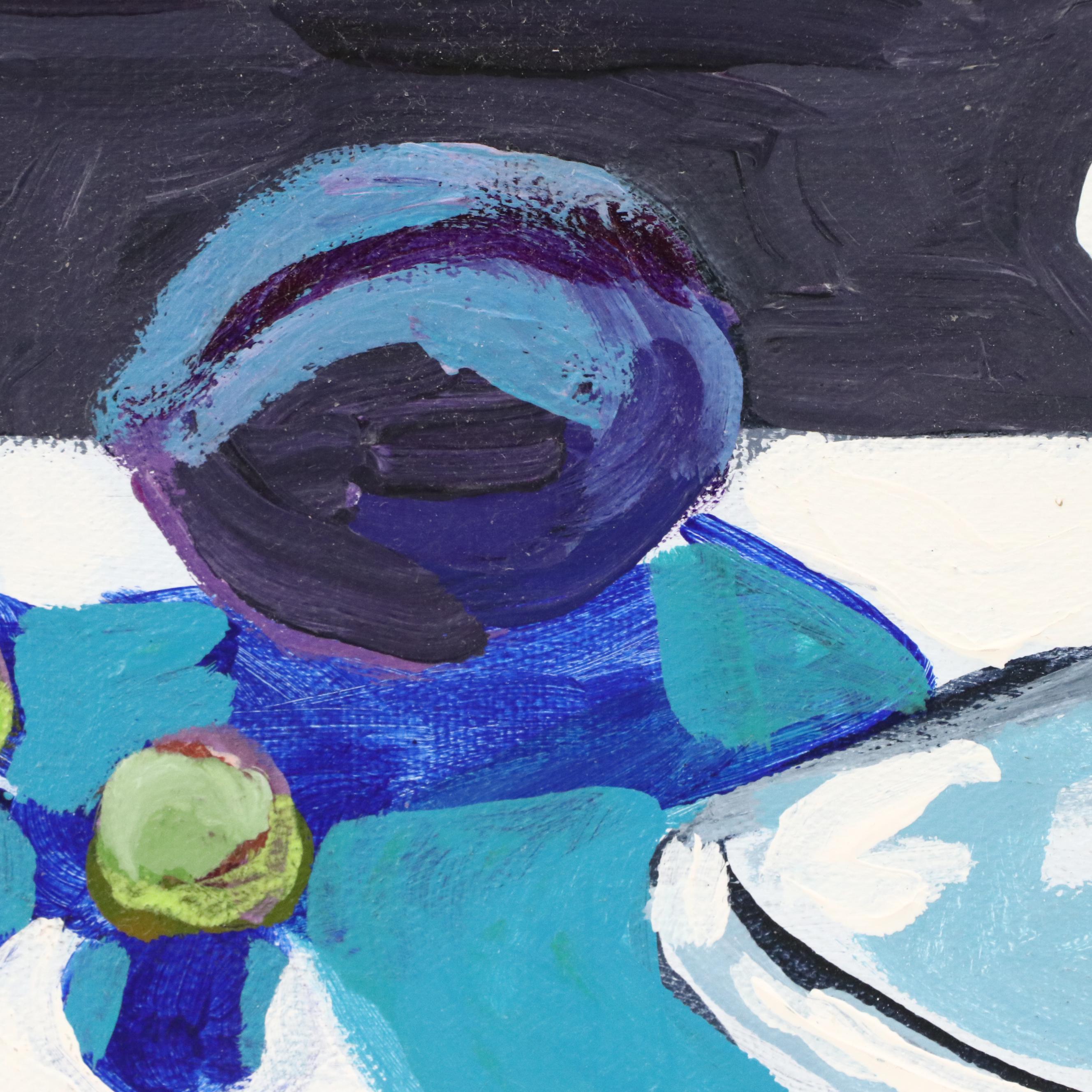 Busser Stylized Acrylic Still Life Painting with Grapes and Plums, 21st Century