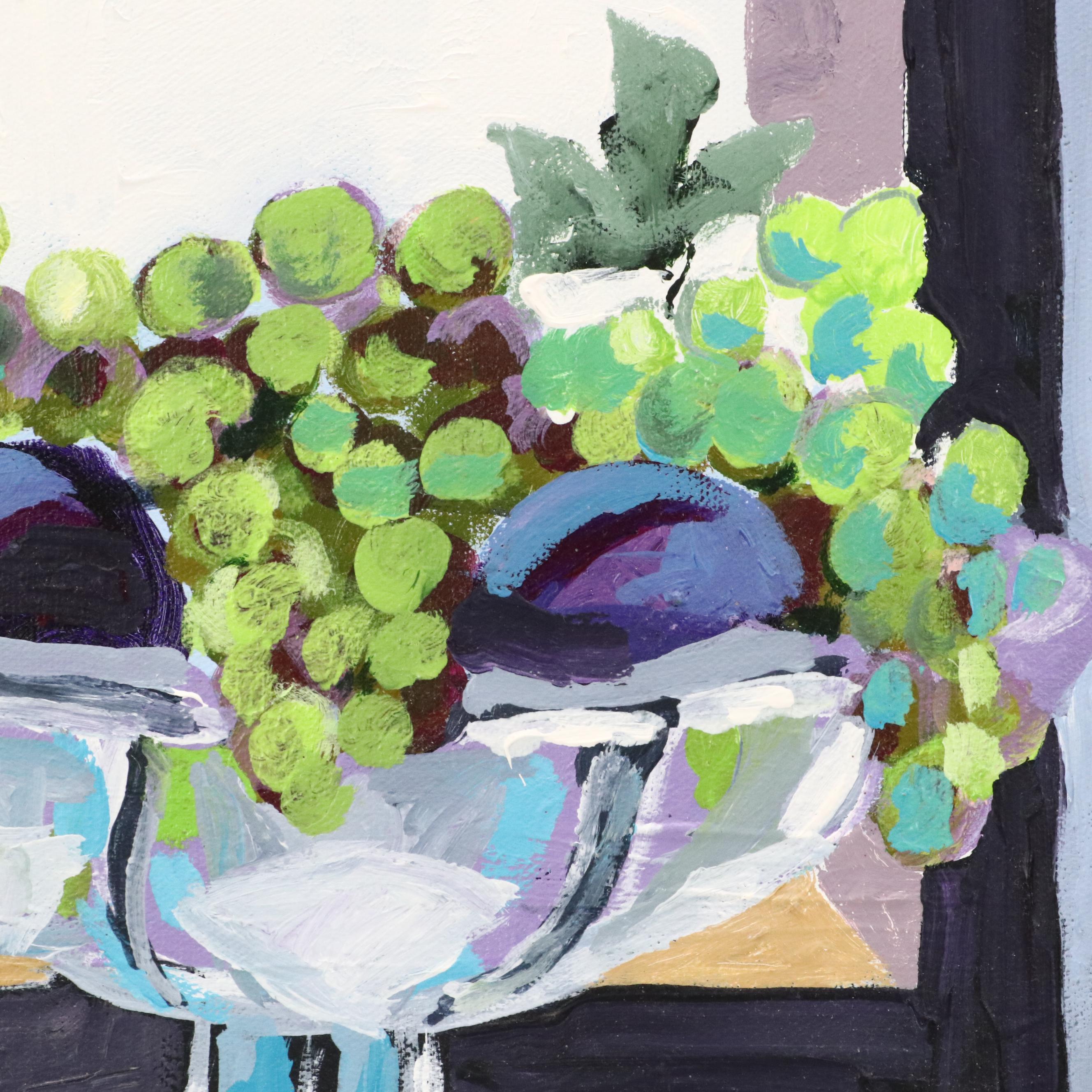 Busser Stylized Acrylic Still Life Painting with Grapes and Plums, 21st Century