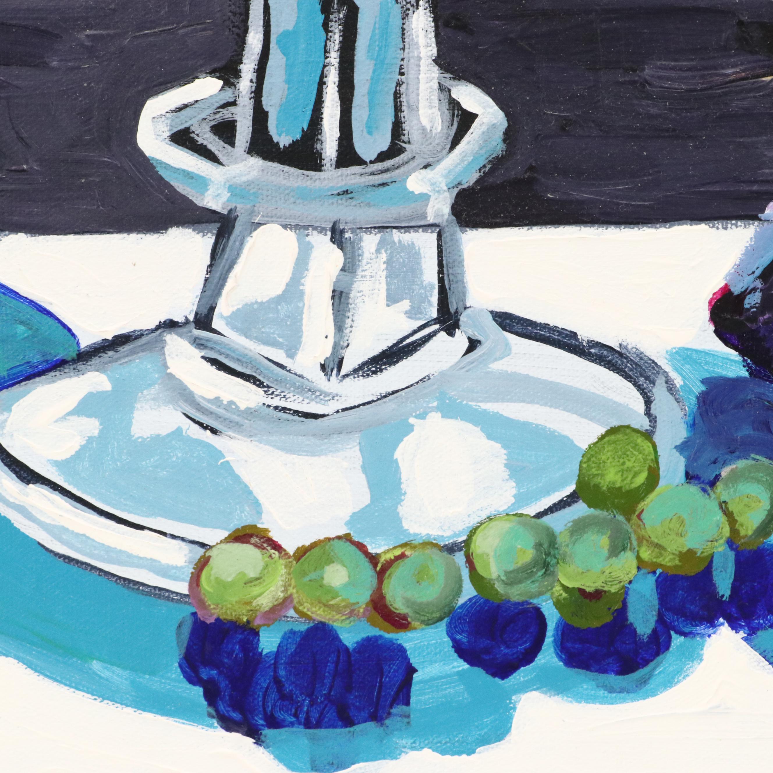 Busser Stylized Acrylic Still Life Painting with Grapes and Plums, 21st Century