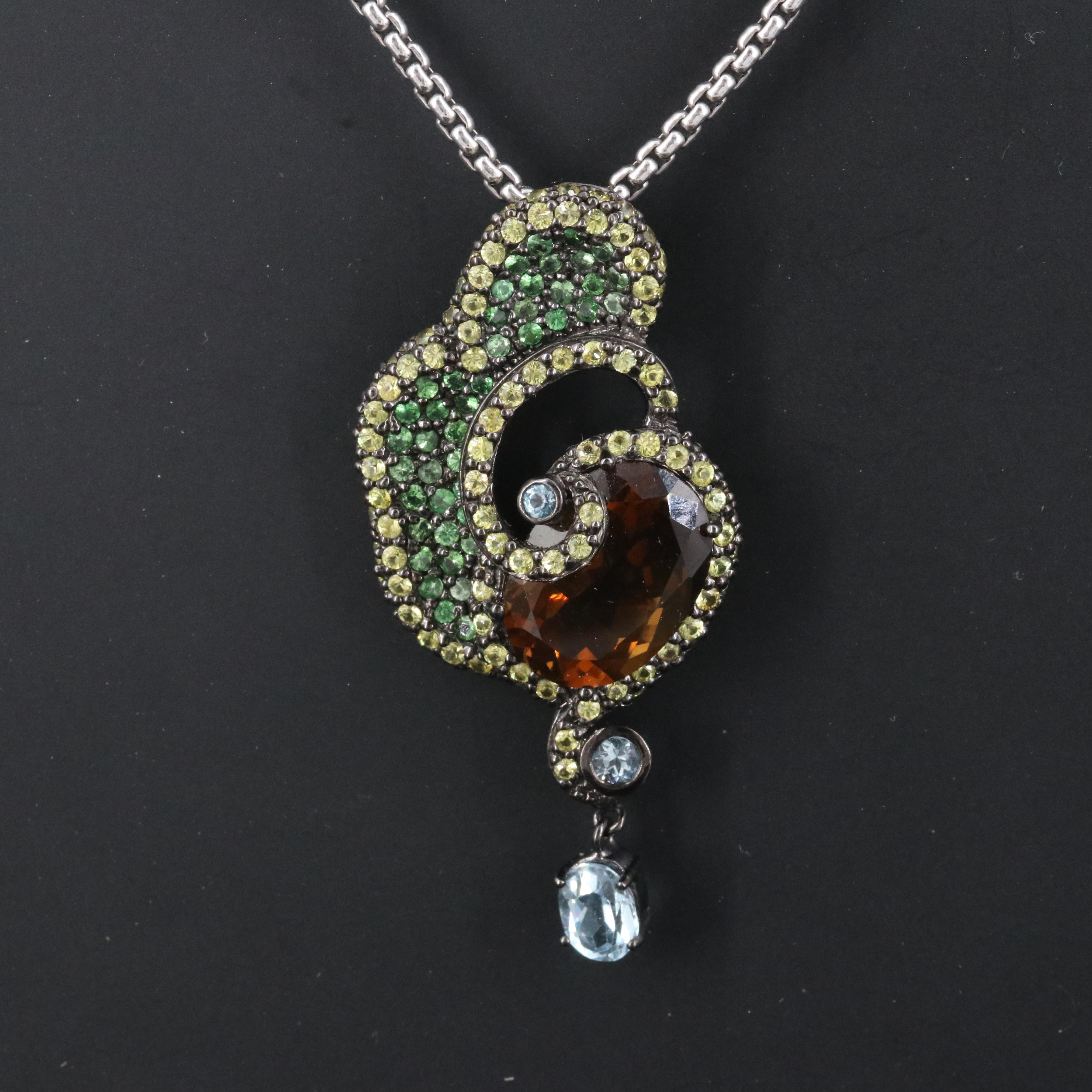 Sterling Pendant Necklace Including Smoky Quartz, Topaz and Sapphire