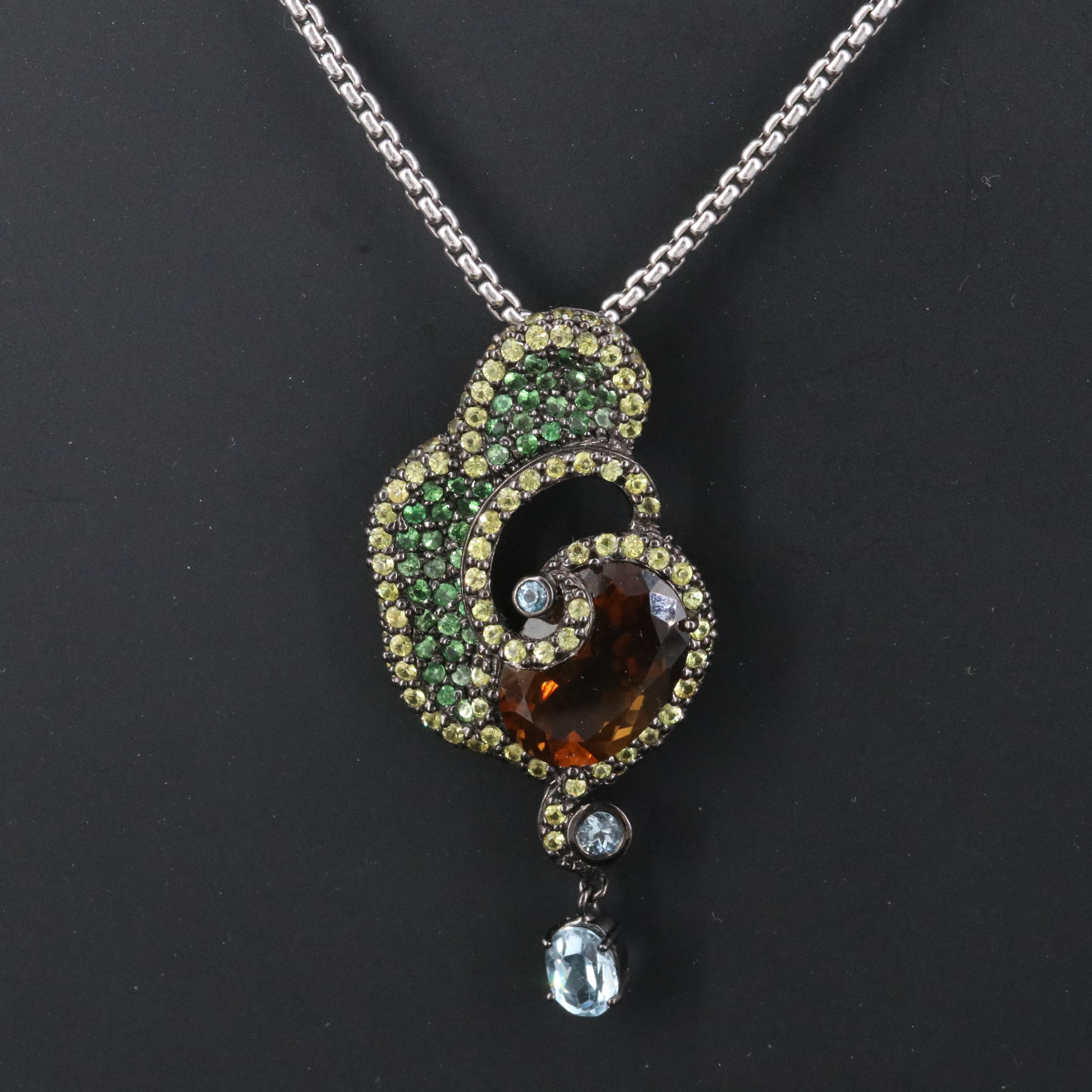 Sterling Pendant Necklace Including Smoky Quartz, Topaz and Sapphire
