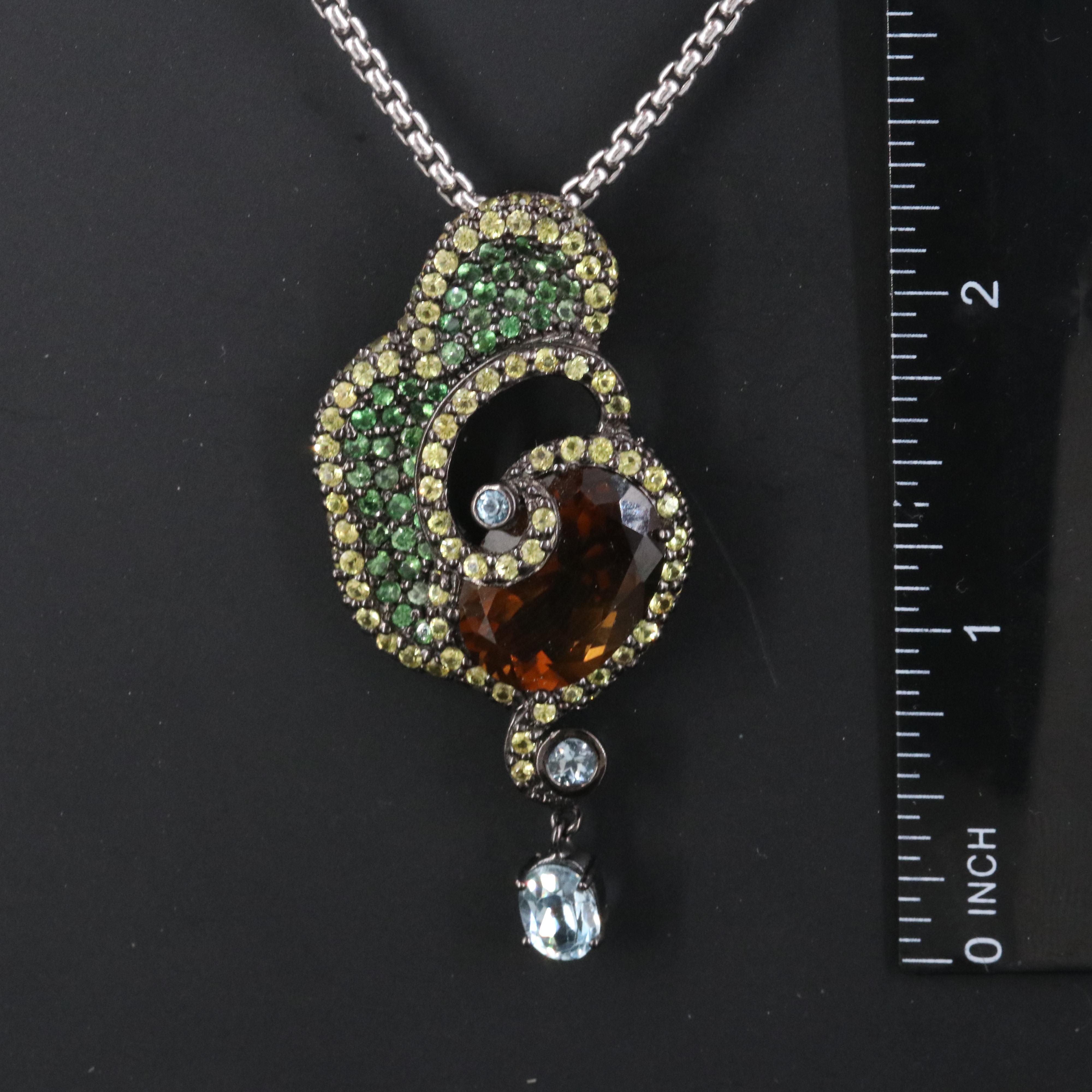 Sterling Pendant Necklace Including Smoky Quartz, Topaz and Sapphire