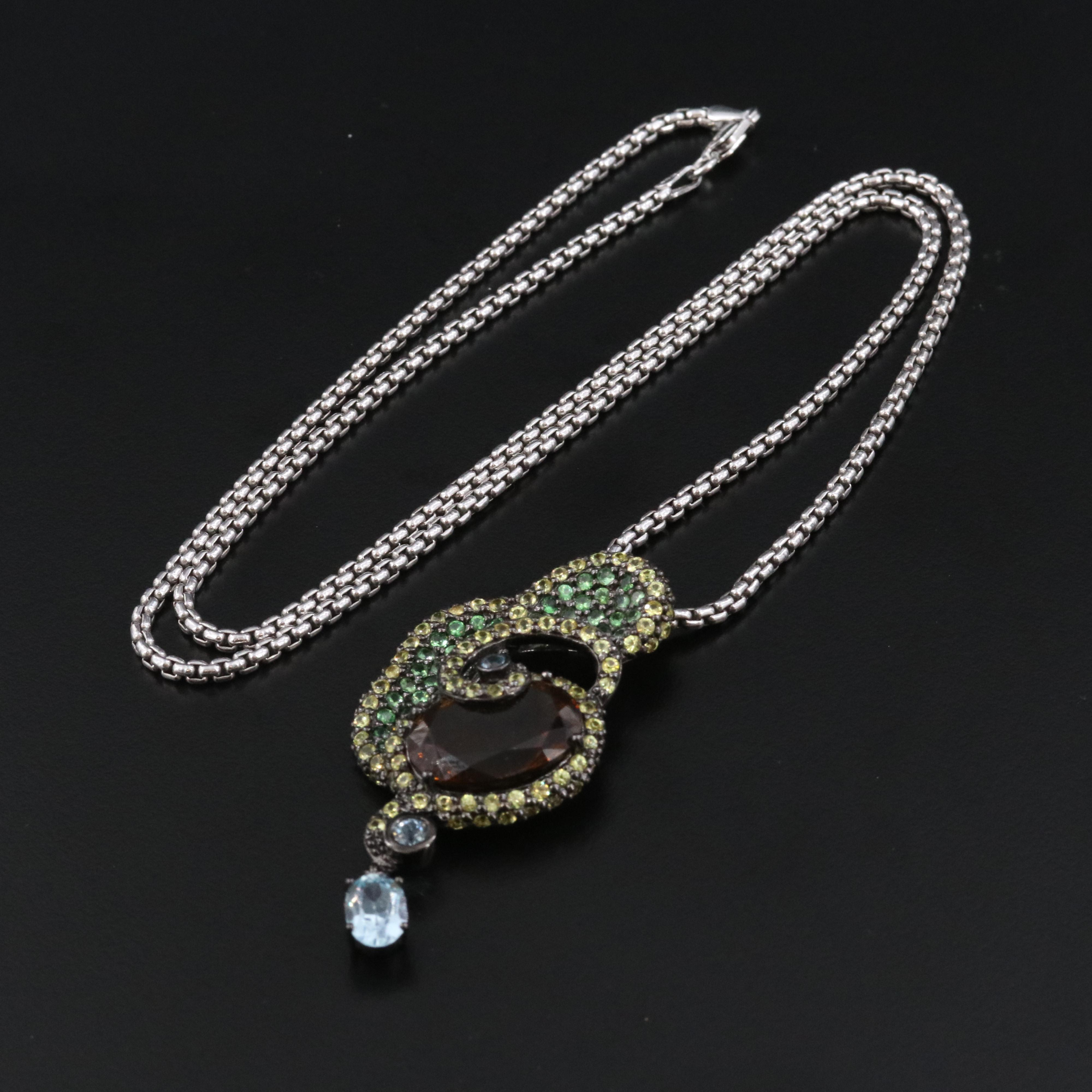 Sterling Pendant Necklace Including Smoky Quartz, Topaz and Sapphire