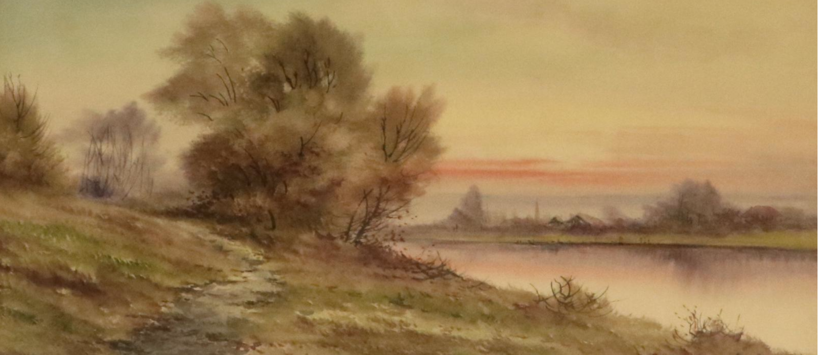 Impressionistic Style Landscape Watercolor Painting with Sunset