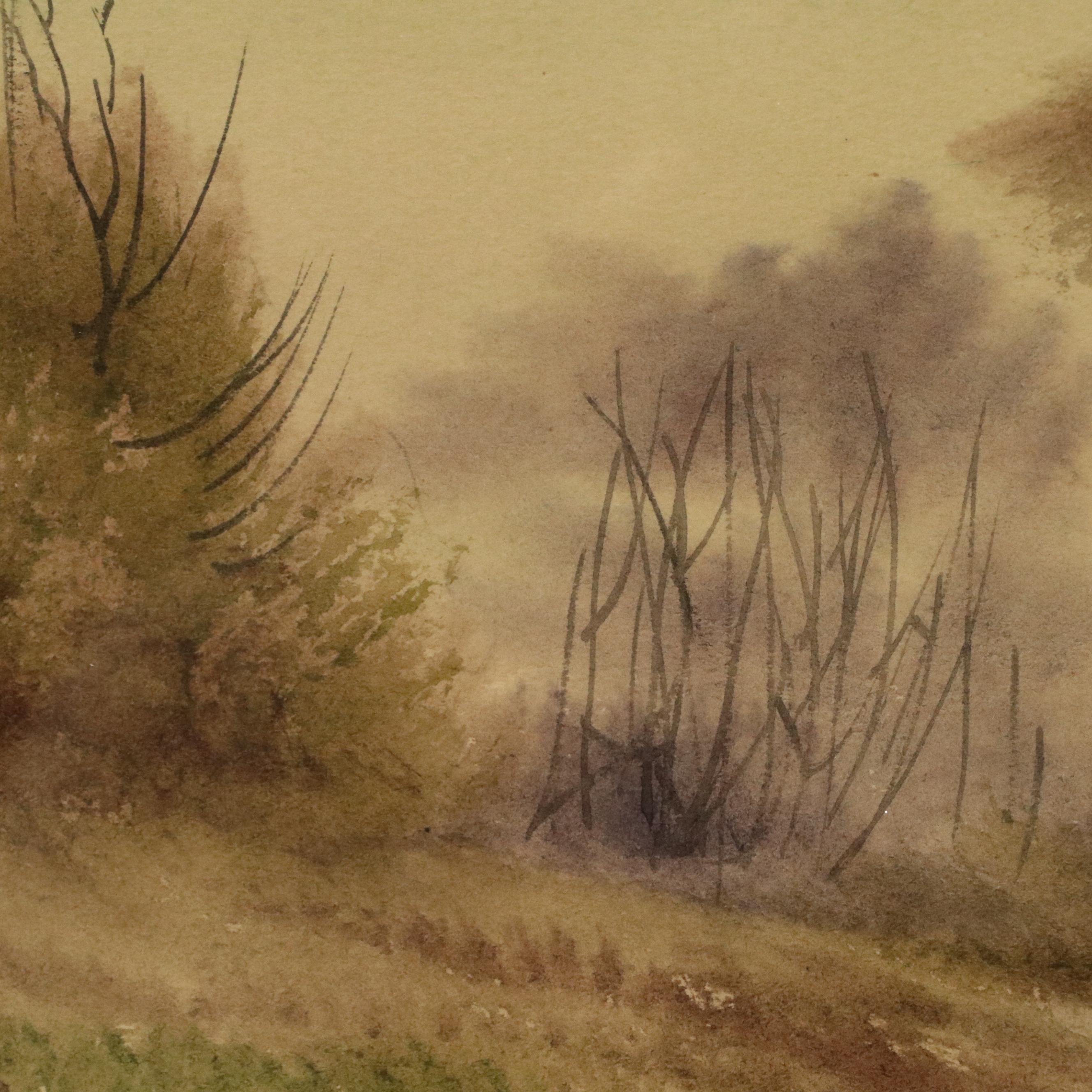 Impressionistic Style Landscape Watercolor Painting with Sunset