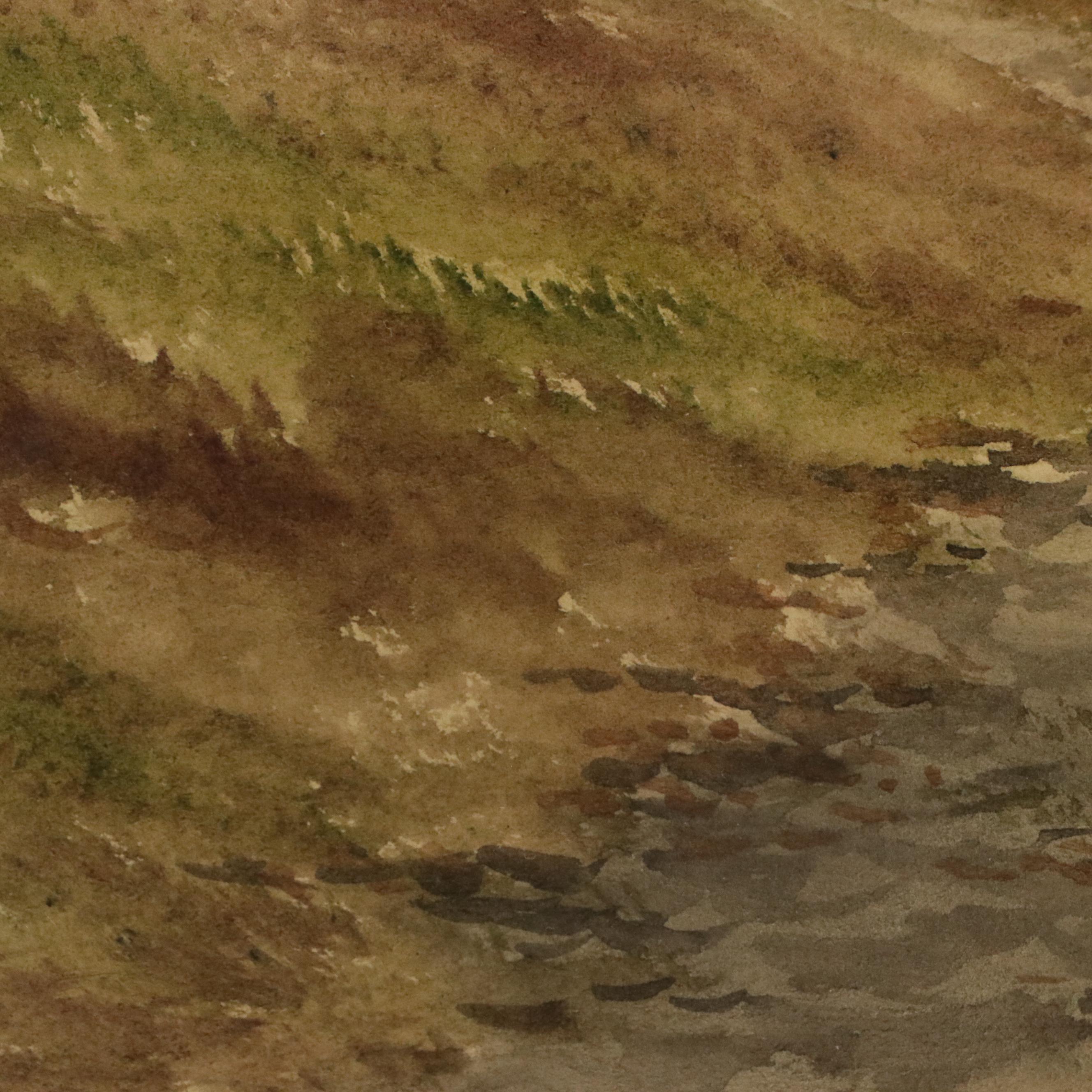 Impressionistic Style Landscape Watercolor Painting with Sunset