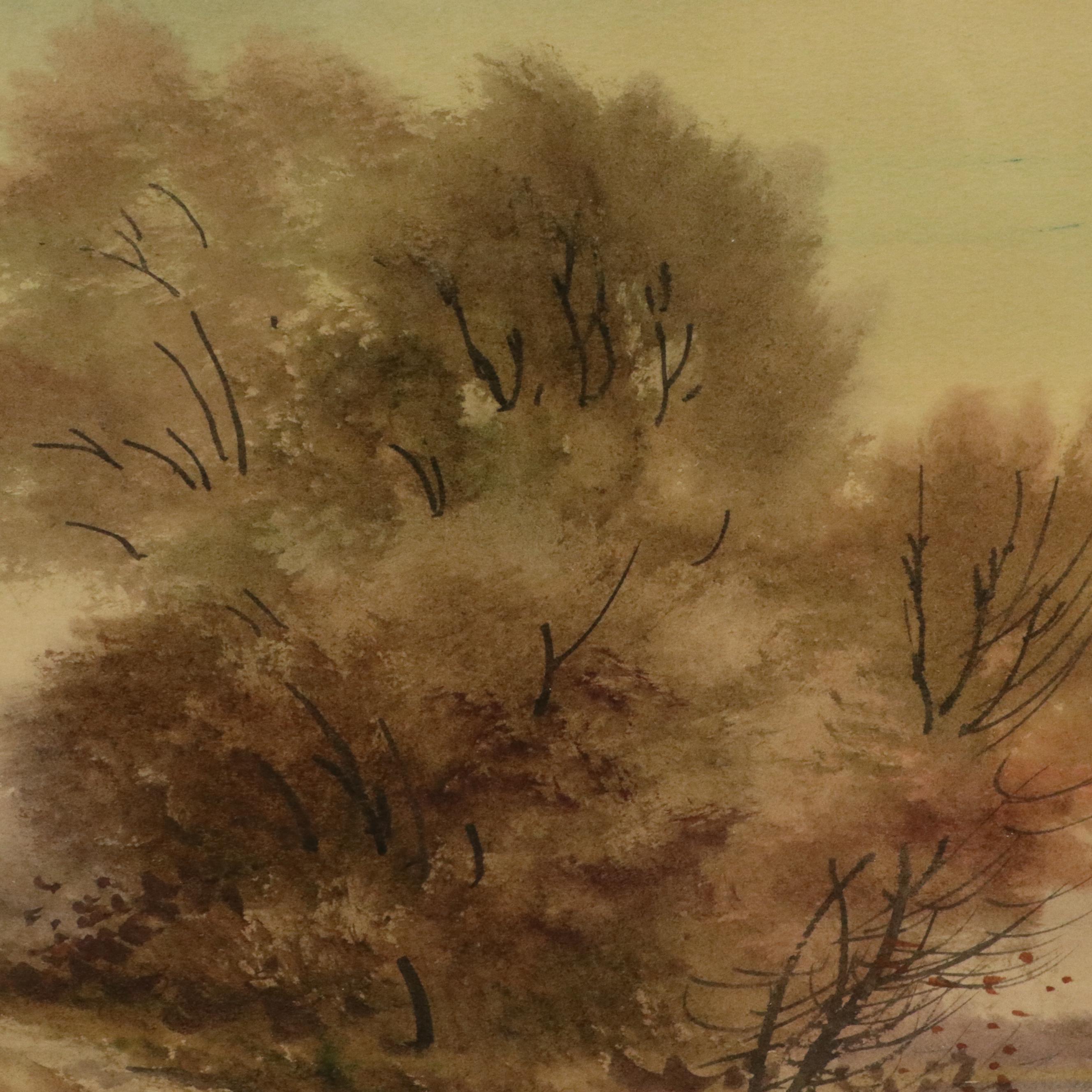 Impressionistic Style Landscape Watercolor Painting with Sunset