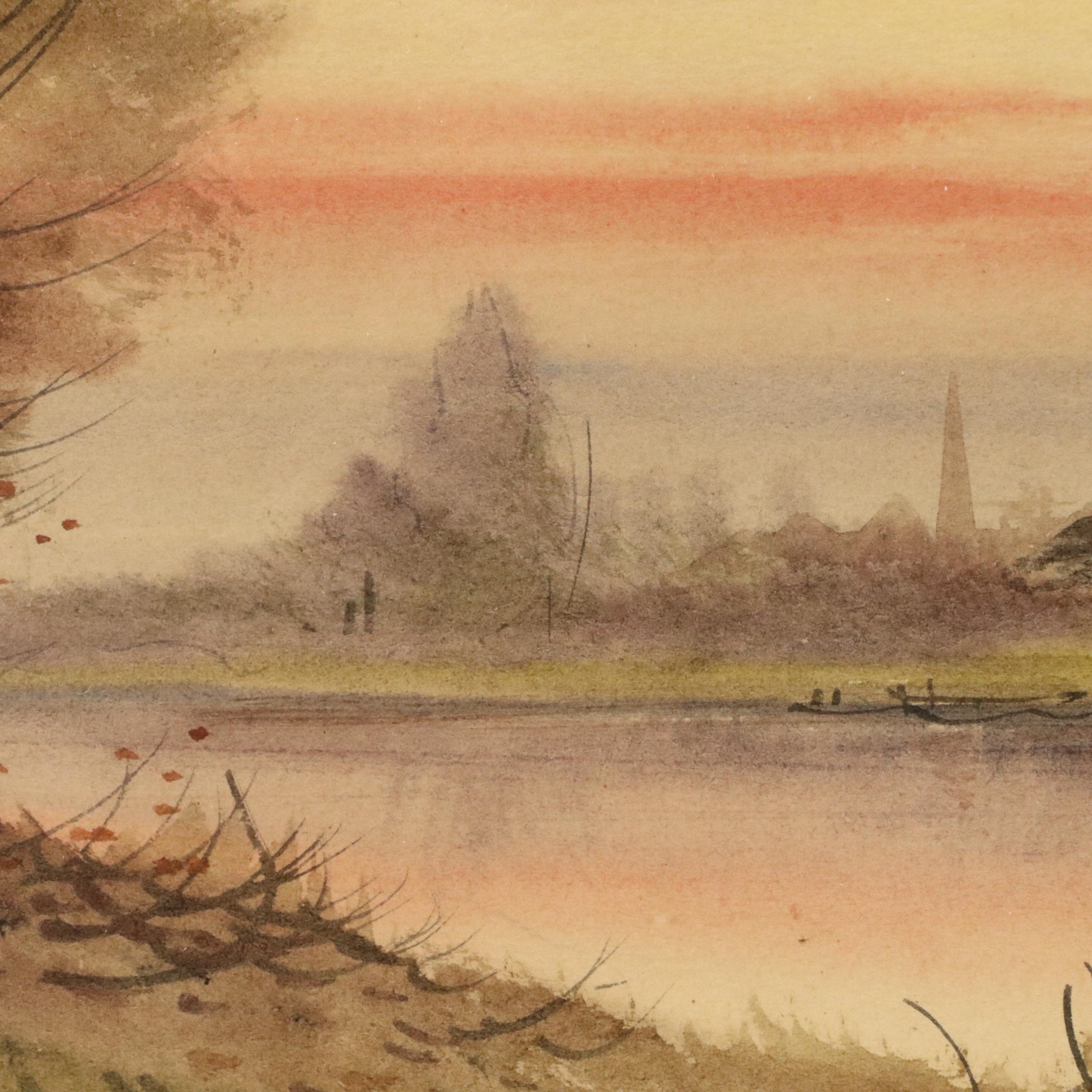 Impressionistic Style Landscape Watercolor Painting with Sunset
