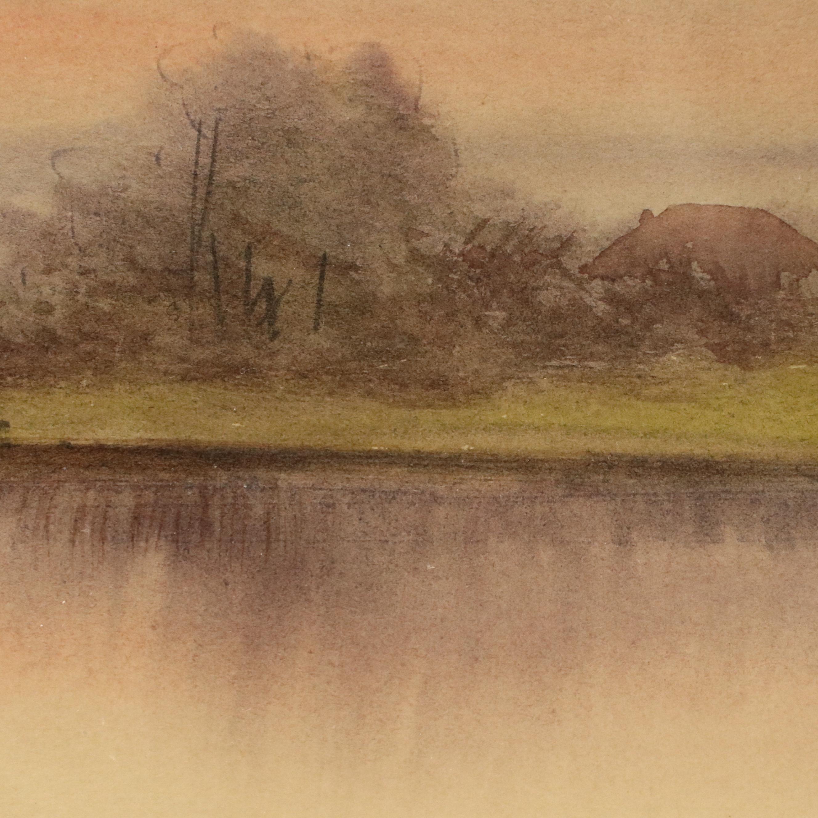 Impressionistic Style Landscape Watercolor Painting with Sunset