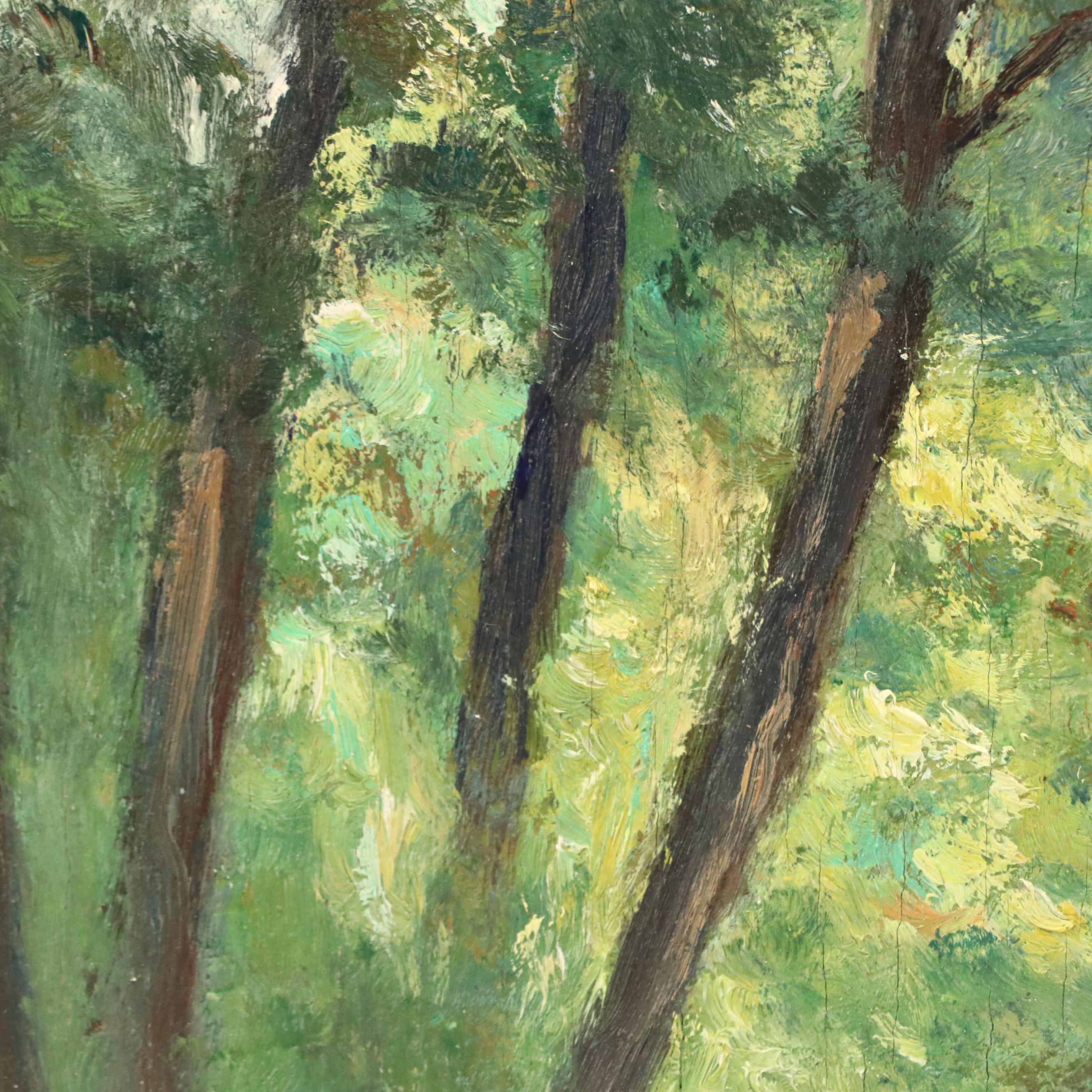 Jacquelyn Garres Impressionistic Oil Painting of Forest Scene, 20th Century