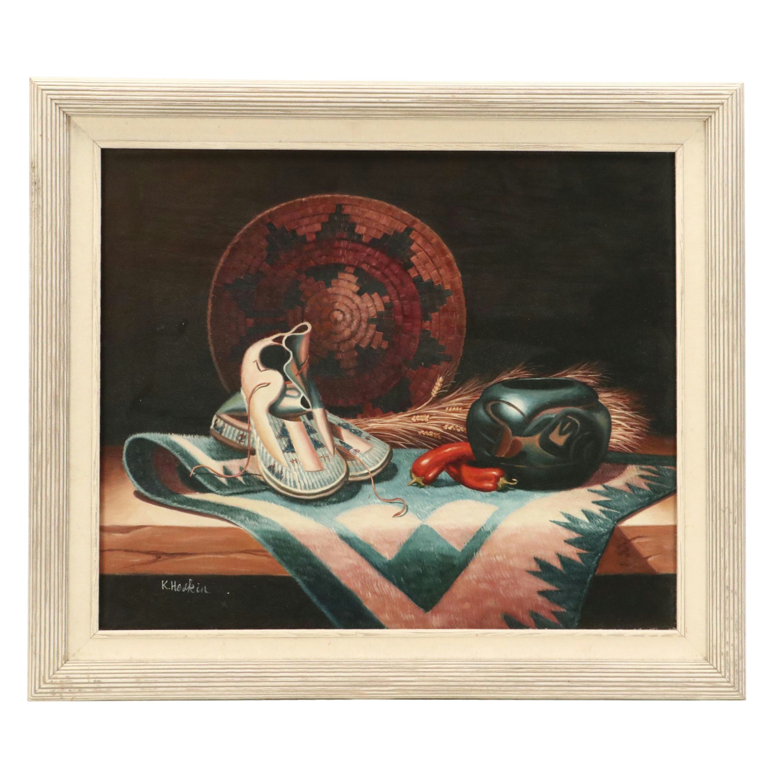 K. Hoskin Still Life Oil Painting with Moccasins and Native American Art