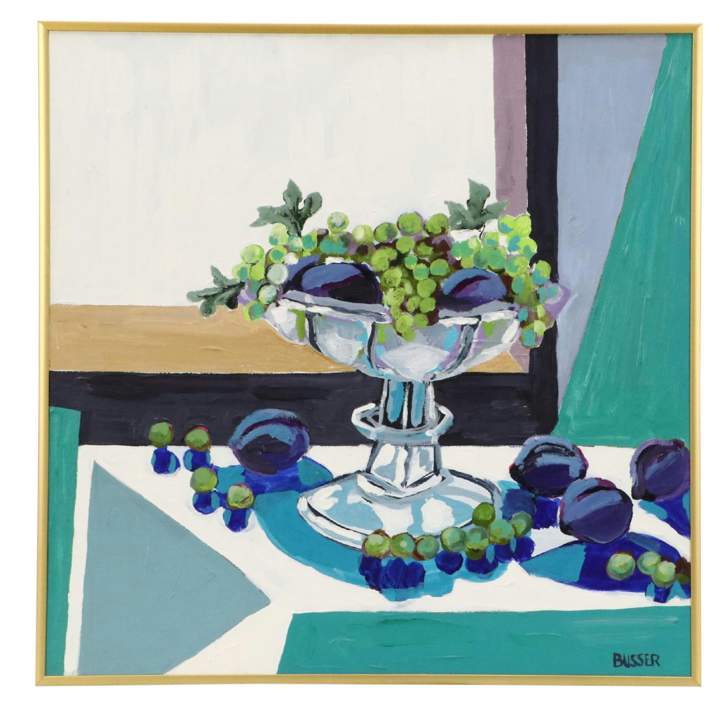 Busser Stylized Acrylic Still Life Painting with Grapes and Plums, 21st Century