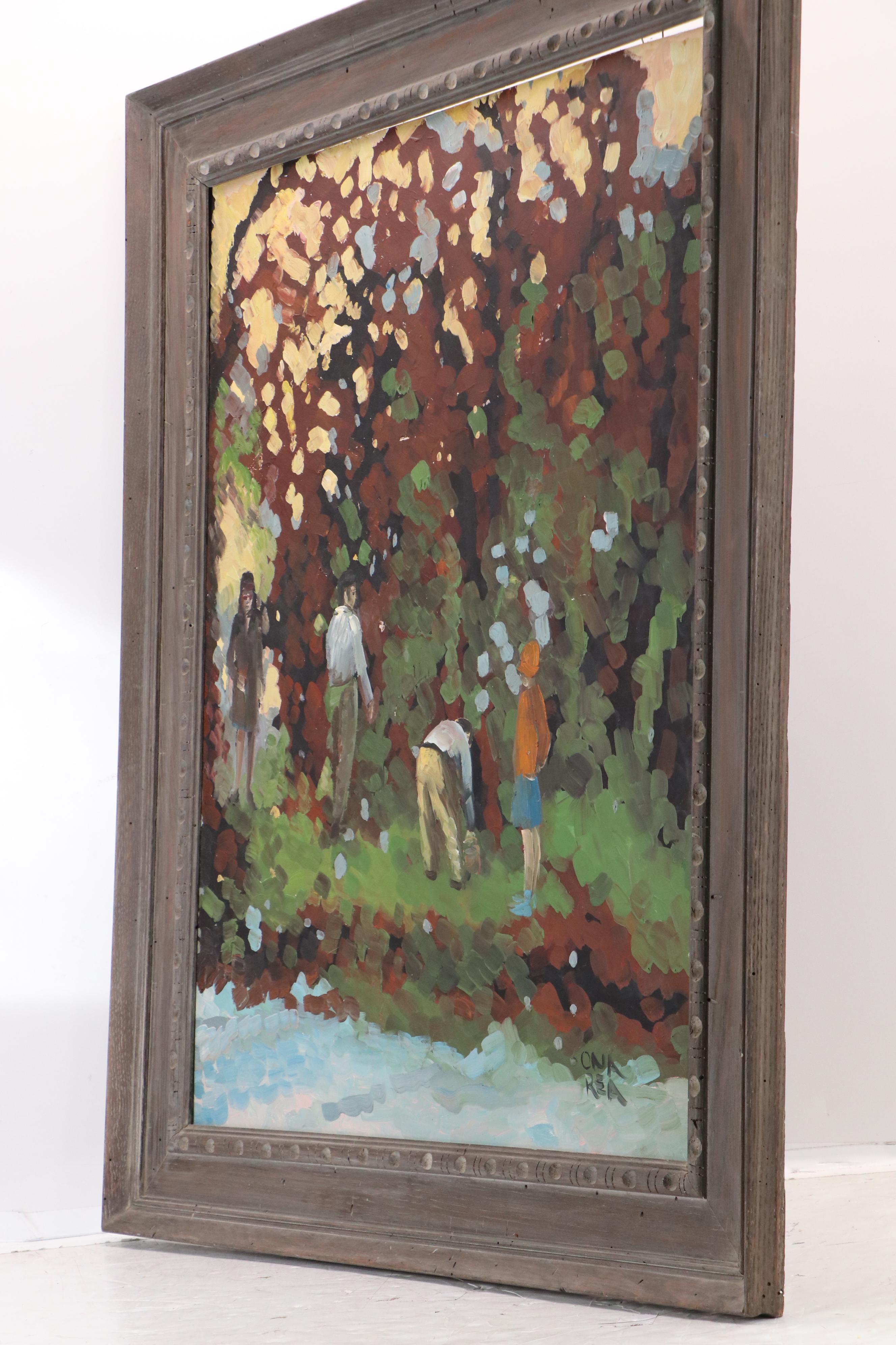 Impressionistic Oil Painting of Outdoor Scene with Four Figures, 20th Century