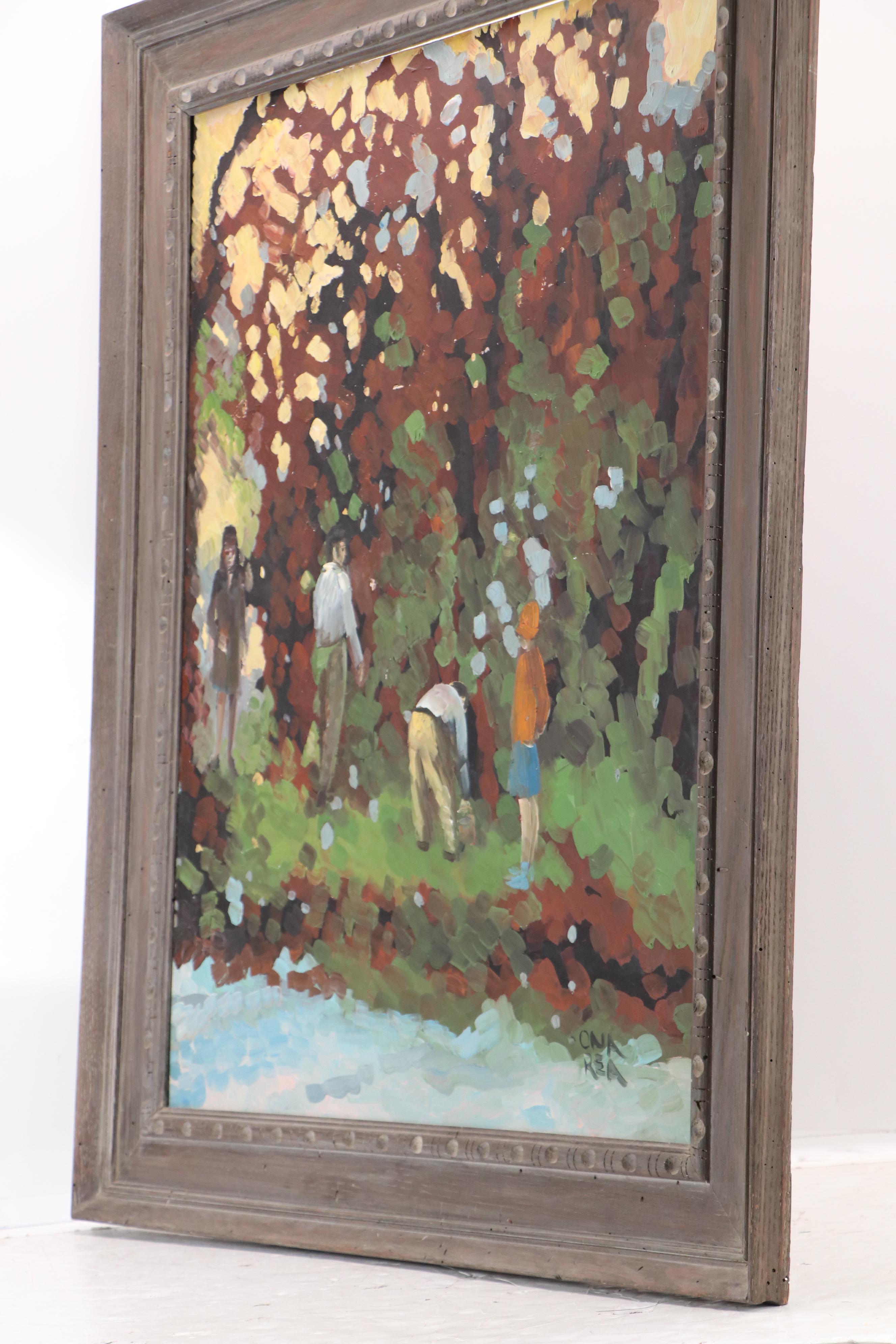 Impressionistic Oil Painting of Outdoor Scene with Four Figures, 20th Century