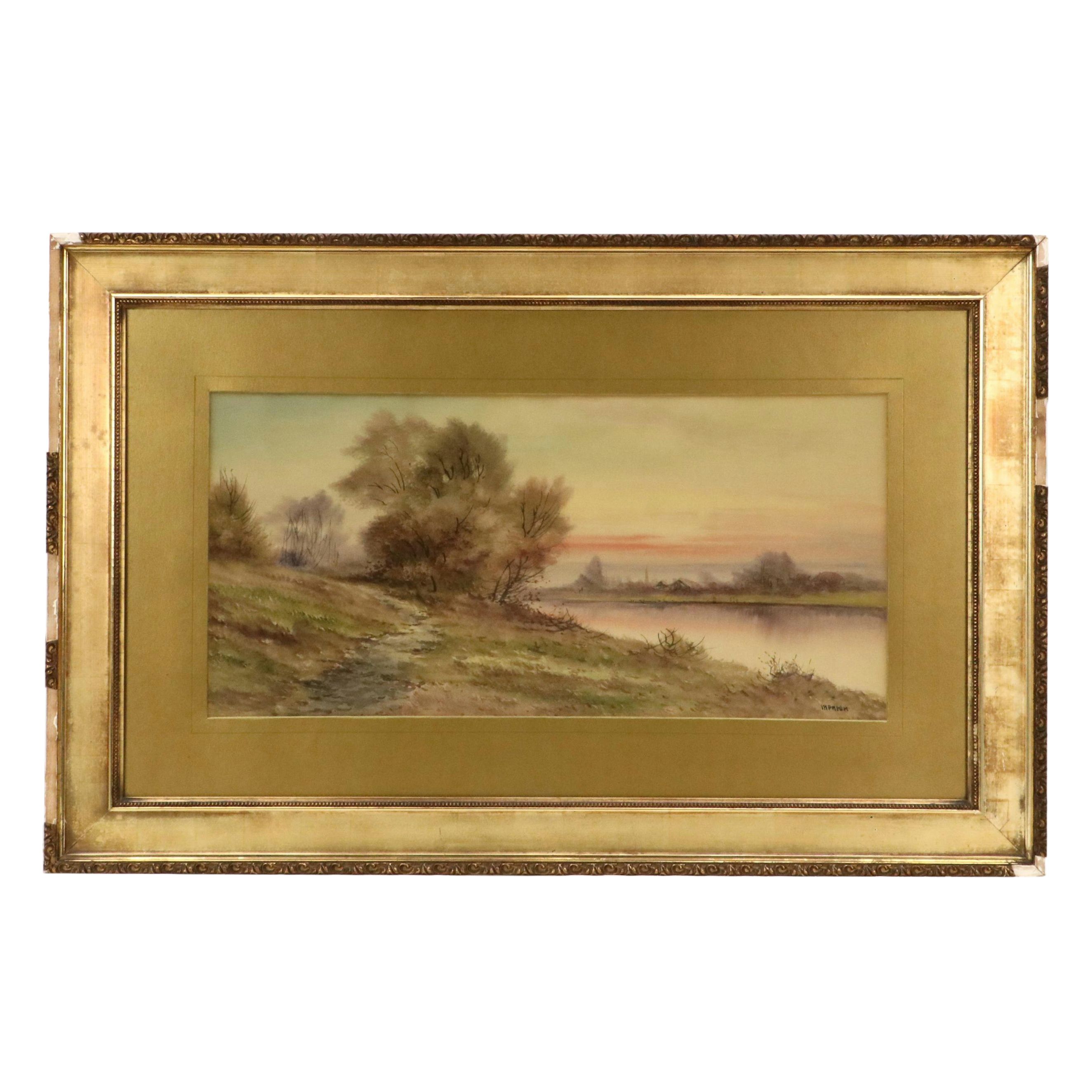 Impressionistic Style Landscape Watercolor Painting with Sunset