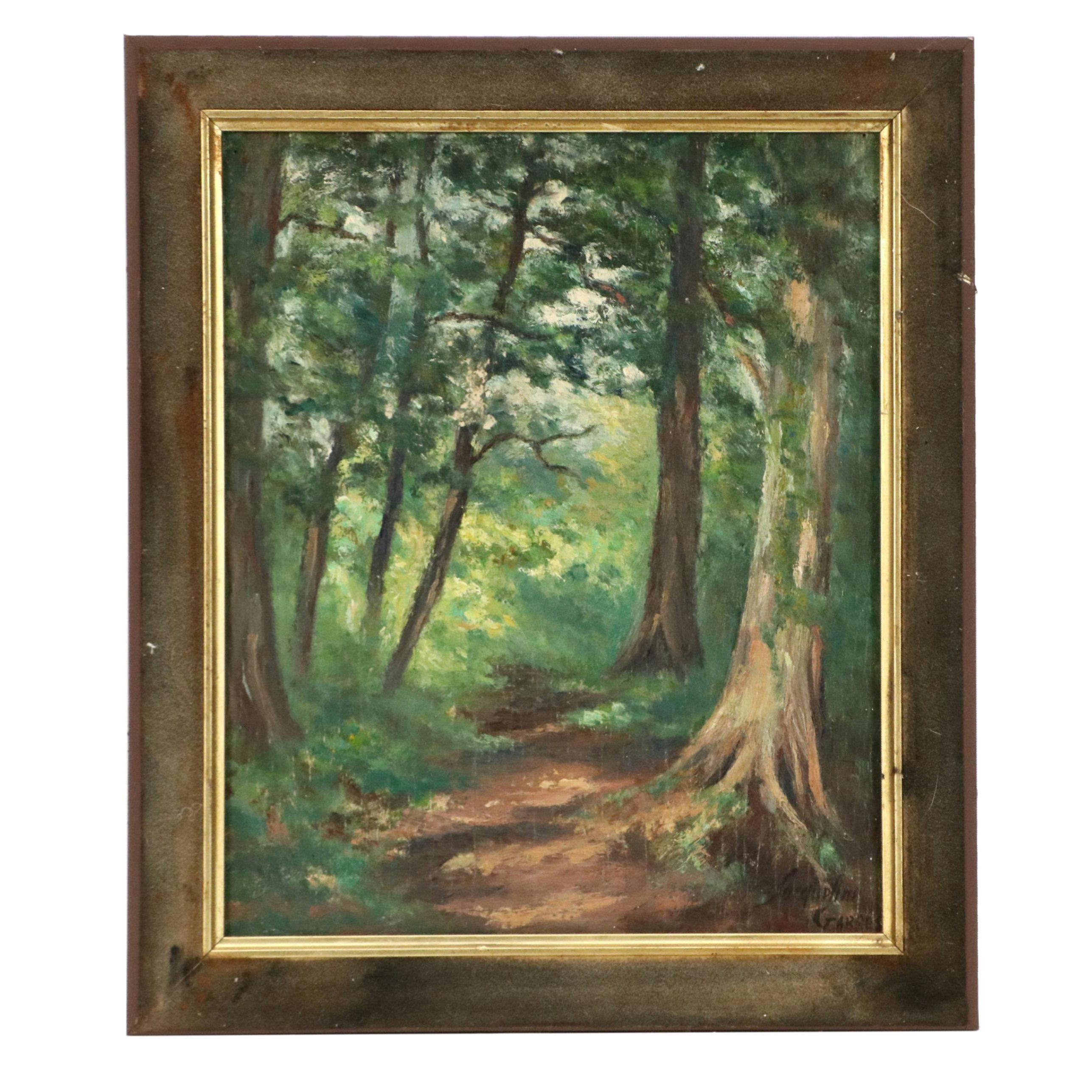 Jacquelyn Garres Impressionistic Oil Painting of Forest Scene, 20th Century