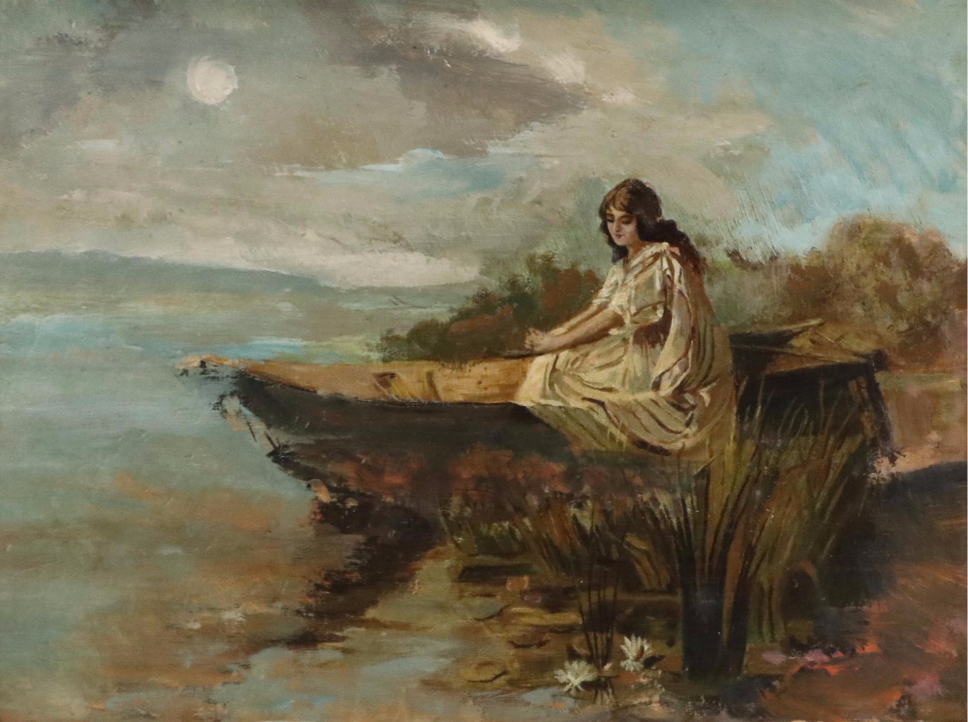 Romantic Oil Painting of Woman on Pond, 20th Century