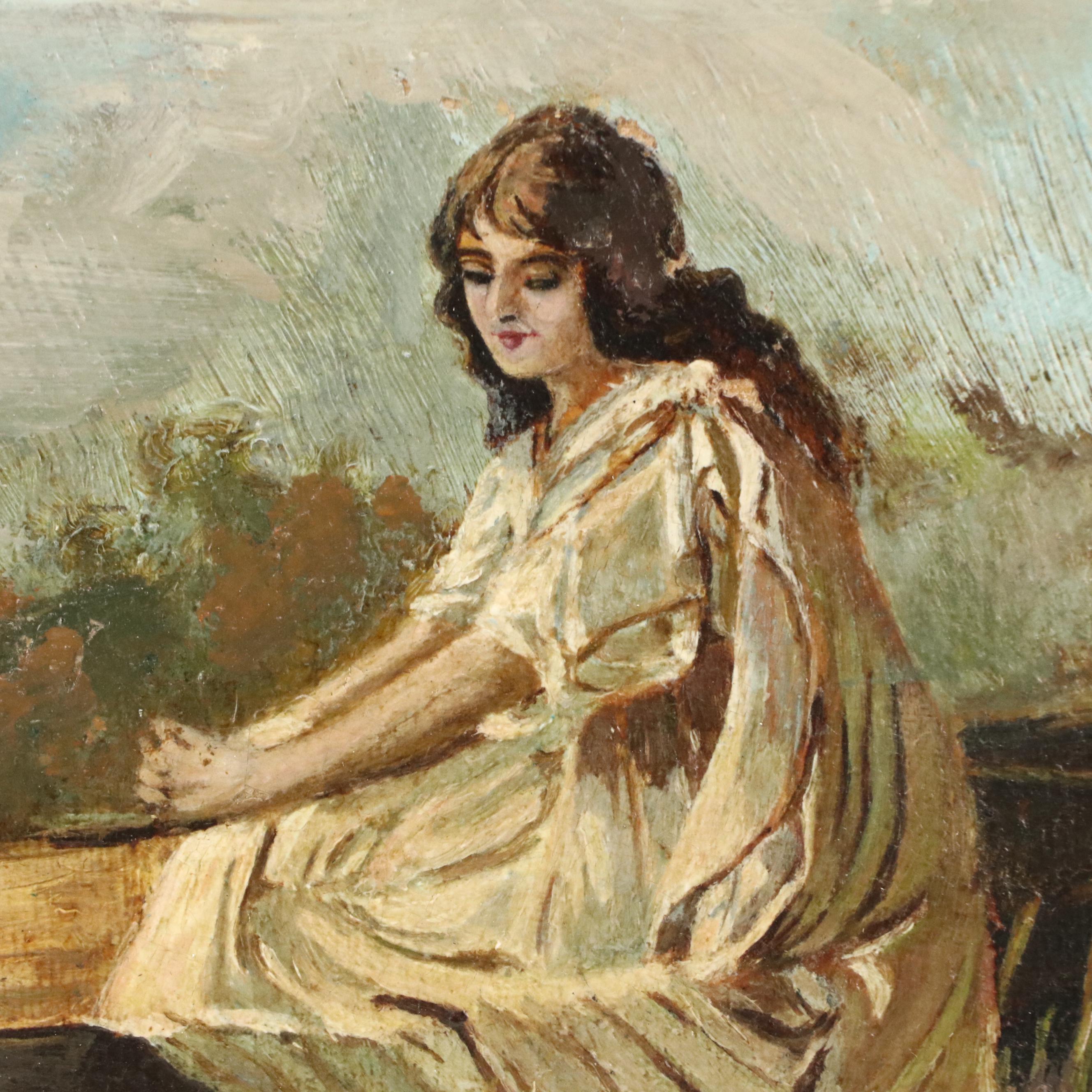 Romantic Oil Painting of Woman on Pond, 20th Century