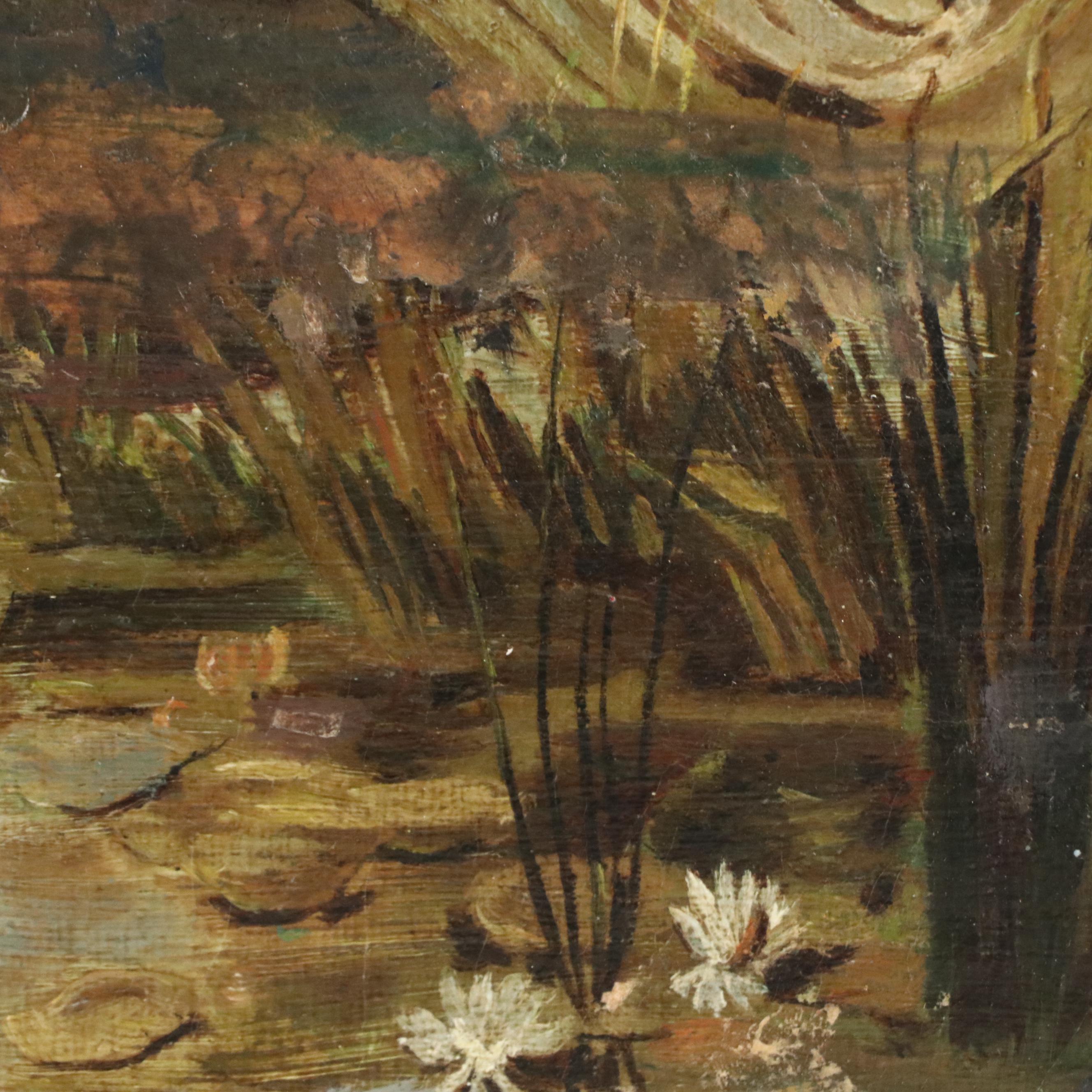 Romantic Oil Painting of Woman on Pond, 20th Century