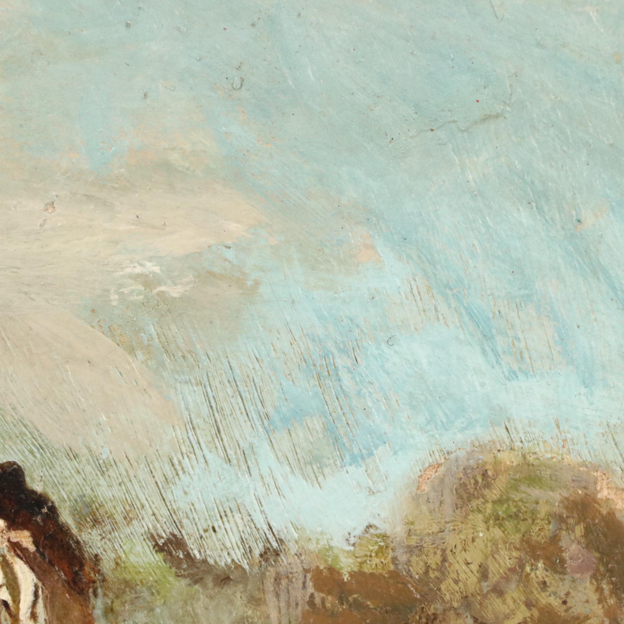 Romantic Oil Painting of Woman on Pond, 20th Century