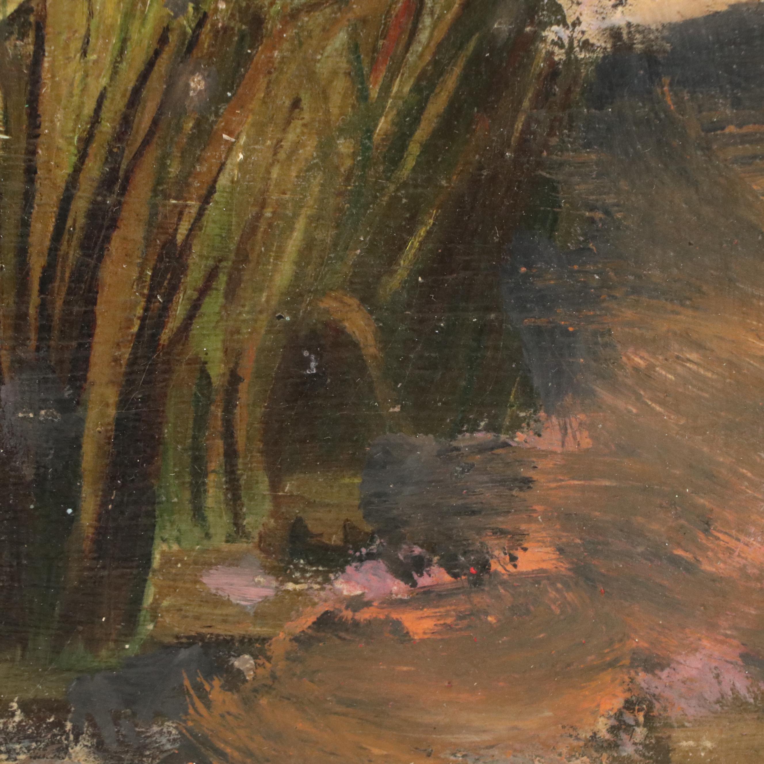 Romantic Oil Painting of Woman on Pond, 20th Century
