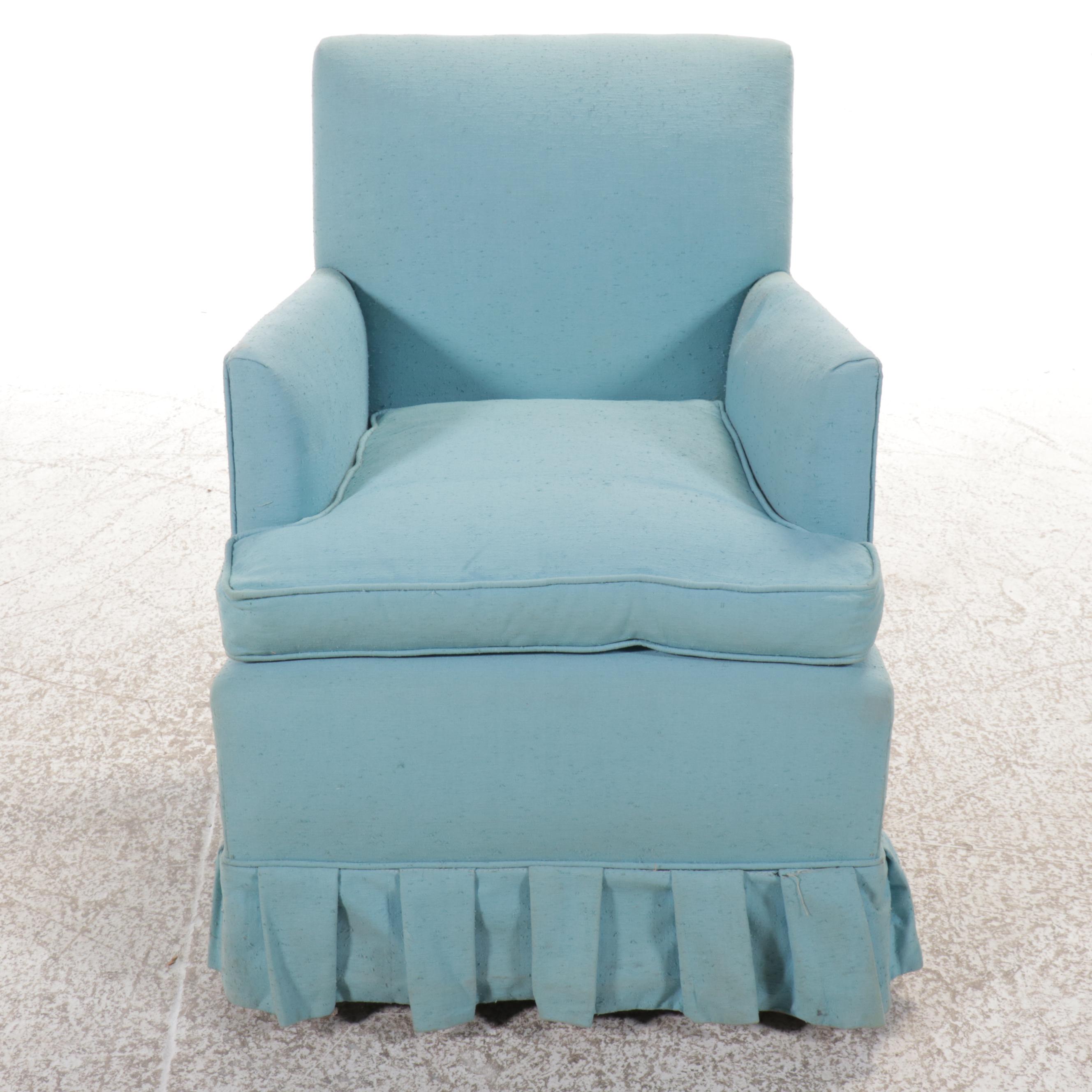 Blue Fabric Upholstered and Skirted Armchair, Mid-20th Century