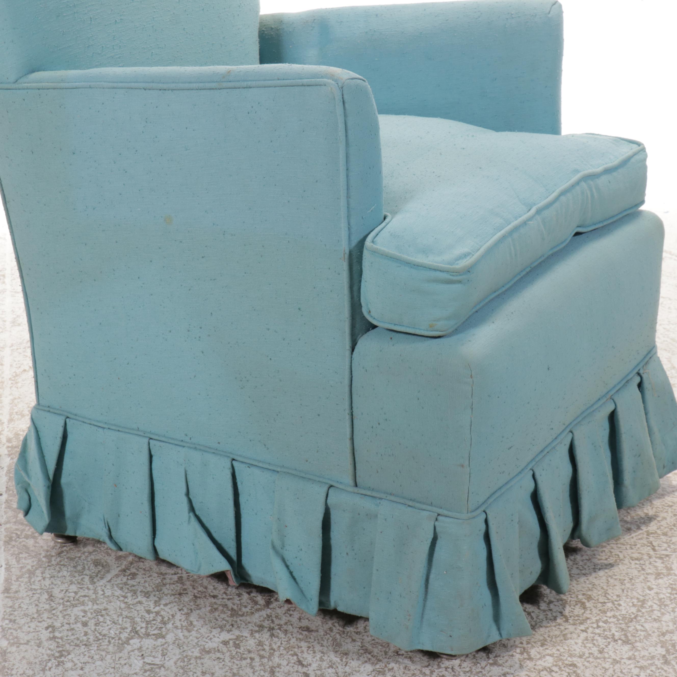 Blue Fabric Upholstered and Skirted Armchair, Mid-20th Century
