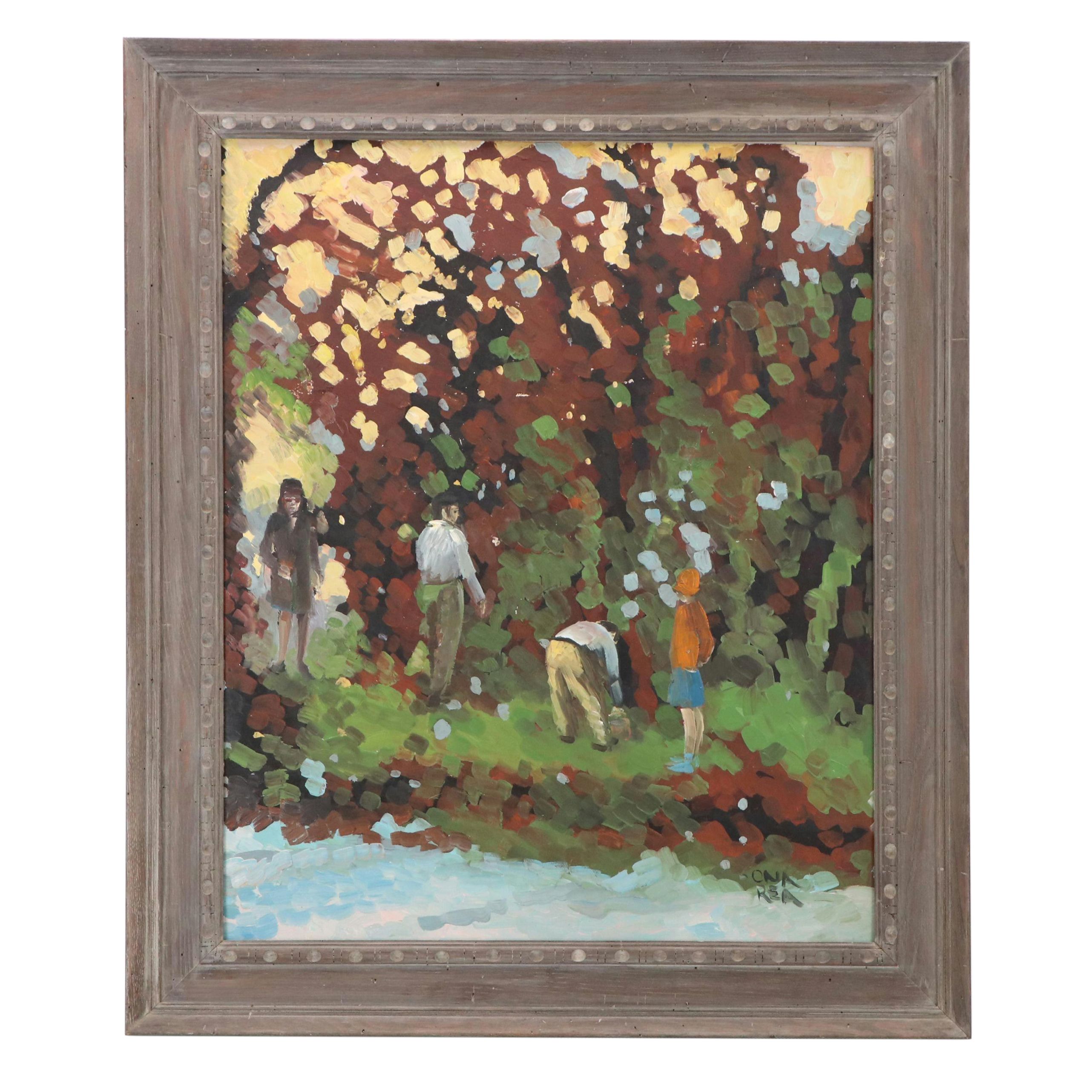 Impressionistic Oil Painting of Outdoor Scene with Four Figures, 20th Century