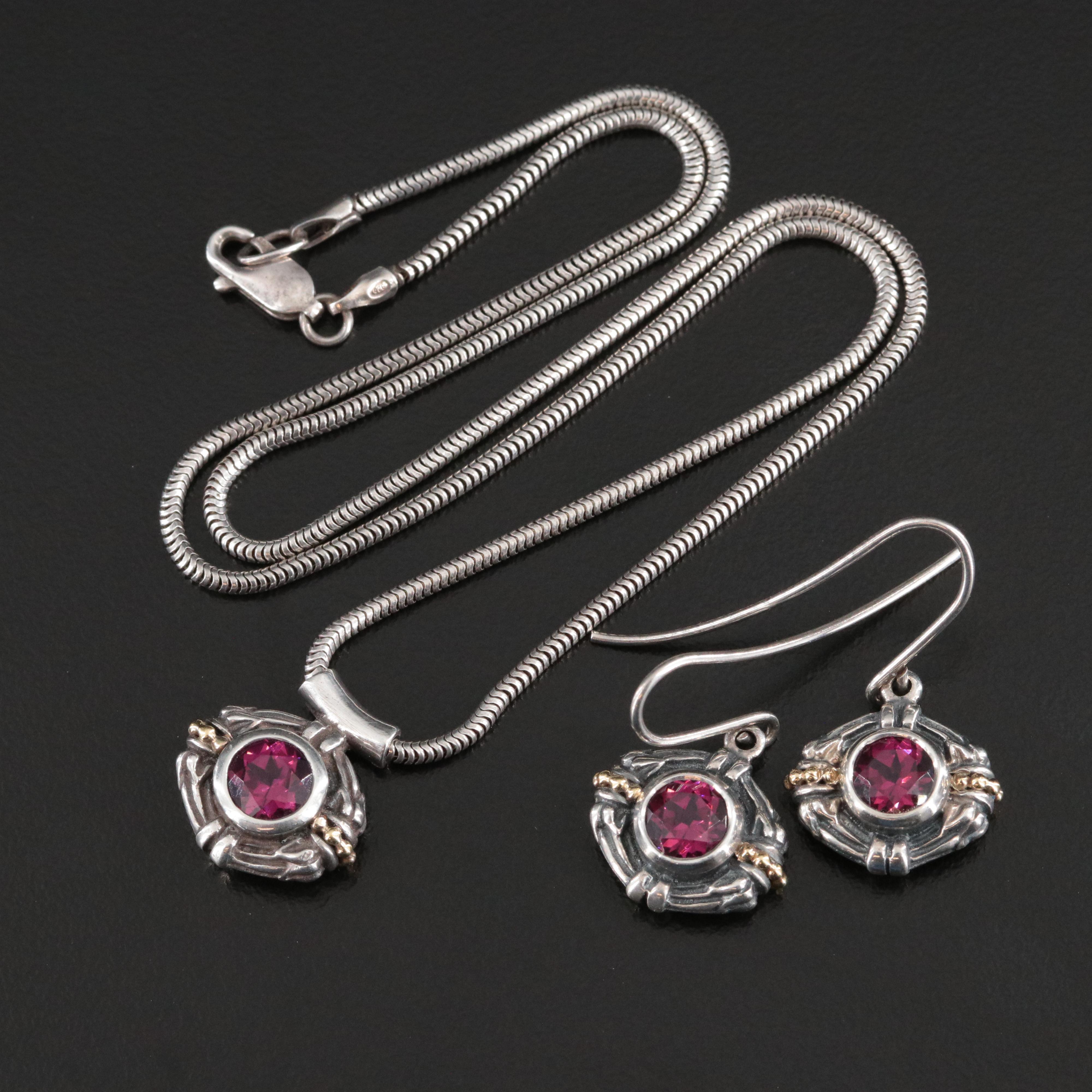 Caviar Sterling Garnet Necklace and Earring Set with 18K Accents