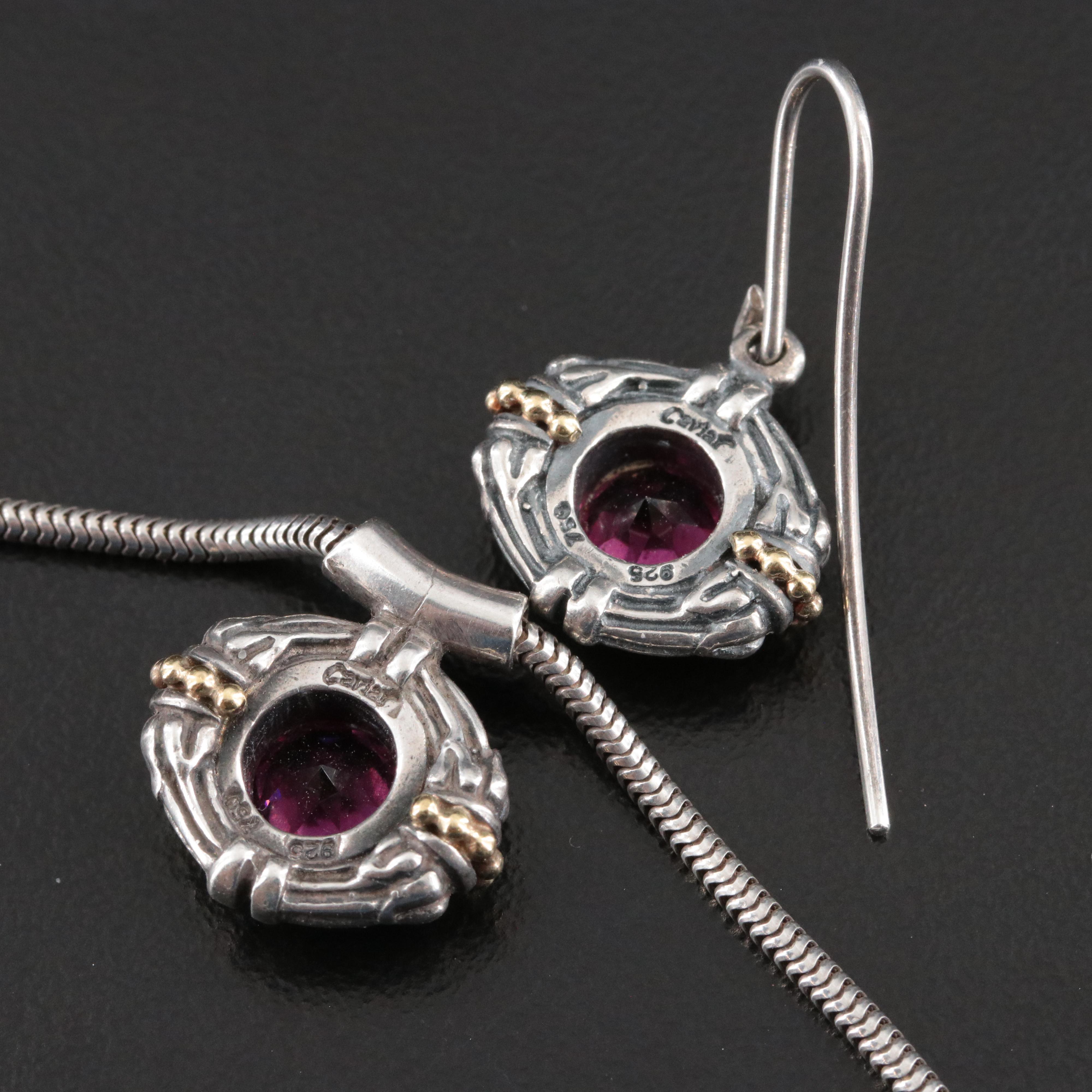 Caviar Sterling Garnet Necklace and Earring Set with 18K Accents