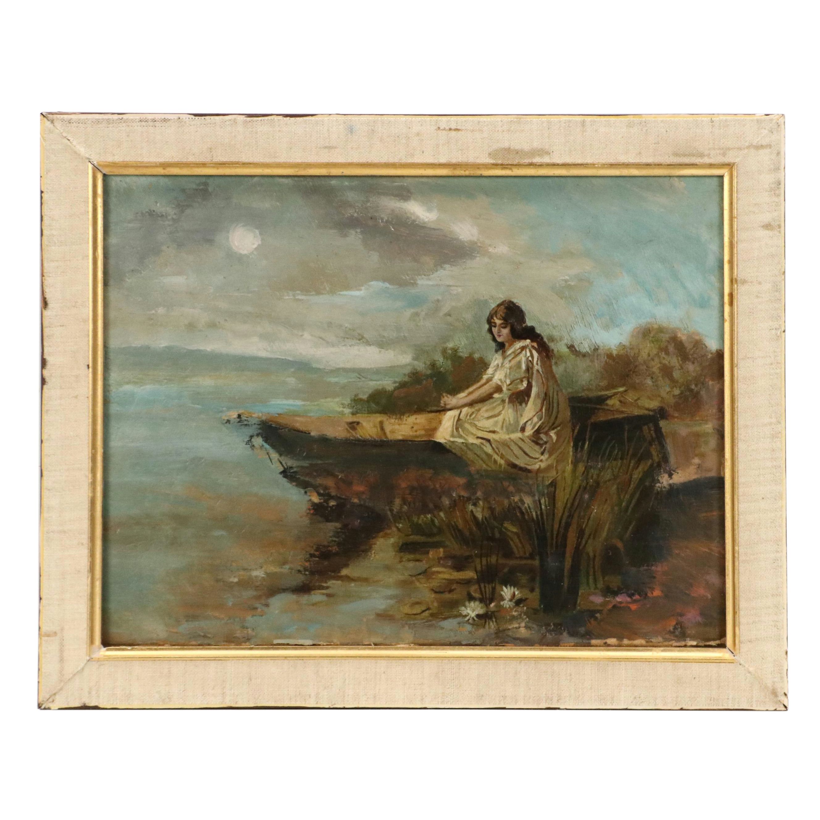 Romantic Oil Painting of Woman on Pond, 20th Century