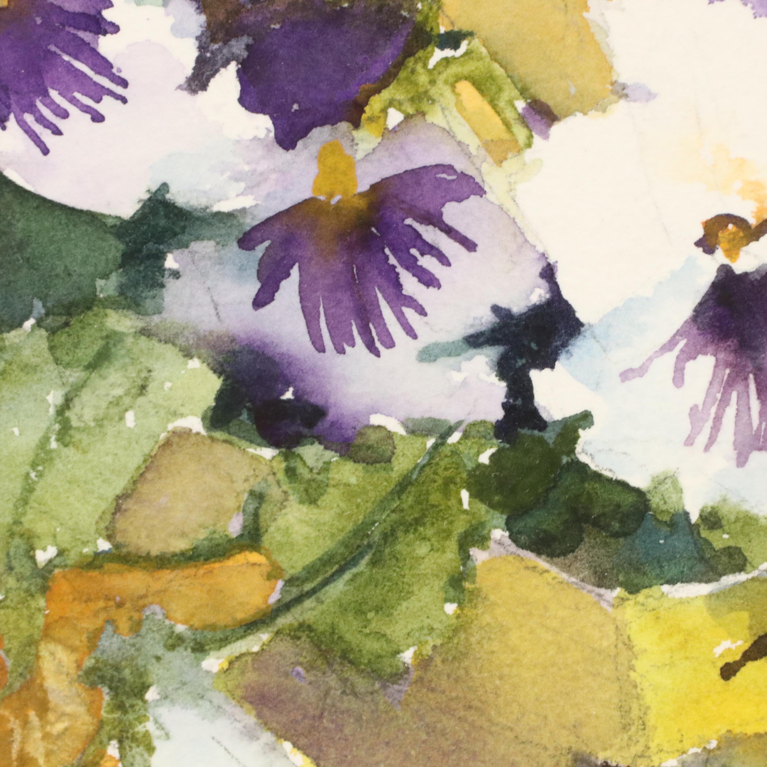 Nancy Nordloh Neville Watercolor Painting "Pansies in a Little Basket," 1999