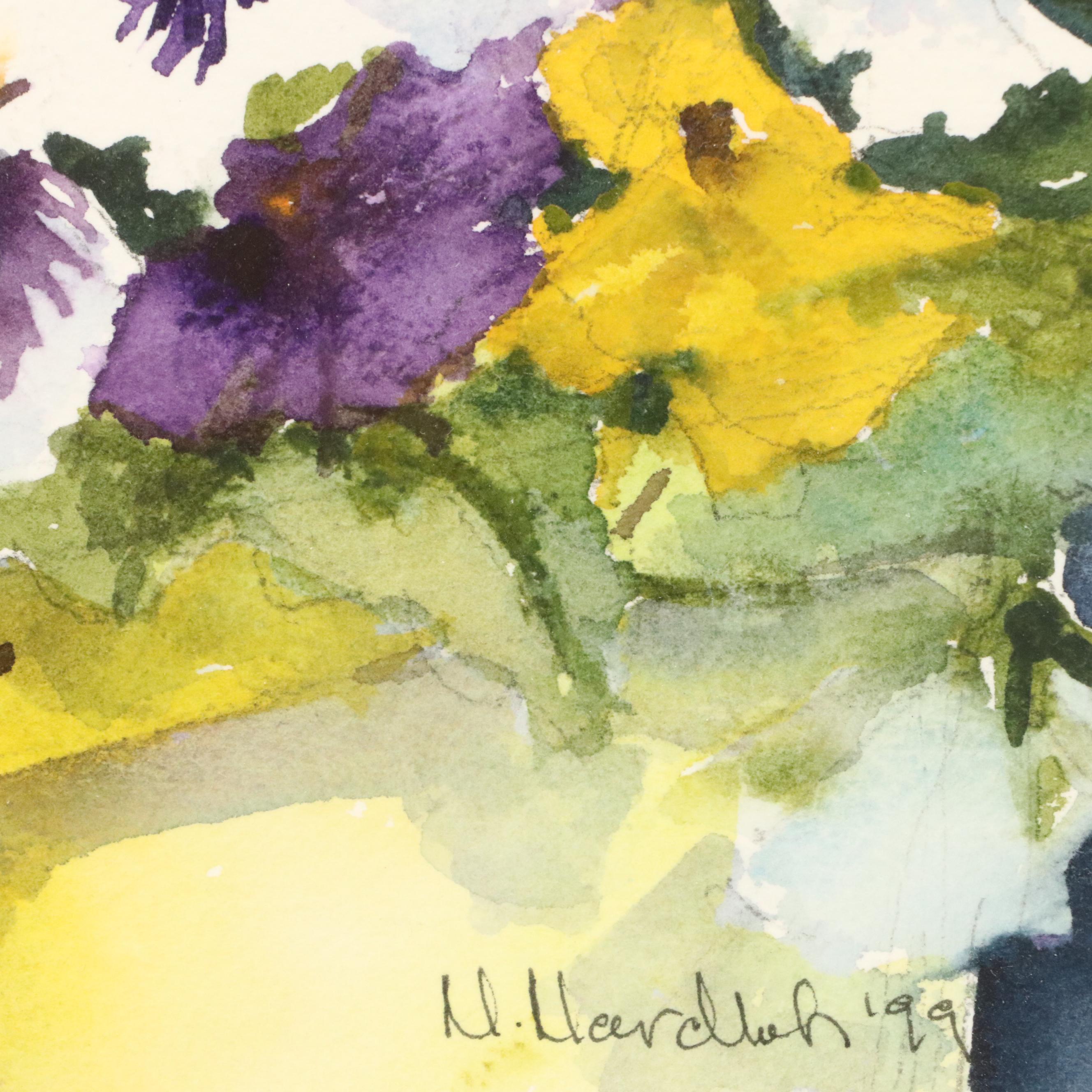 Nancy Nordloh Neville Watercolor Painting "Pansies in a Little Basket," 1999