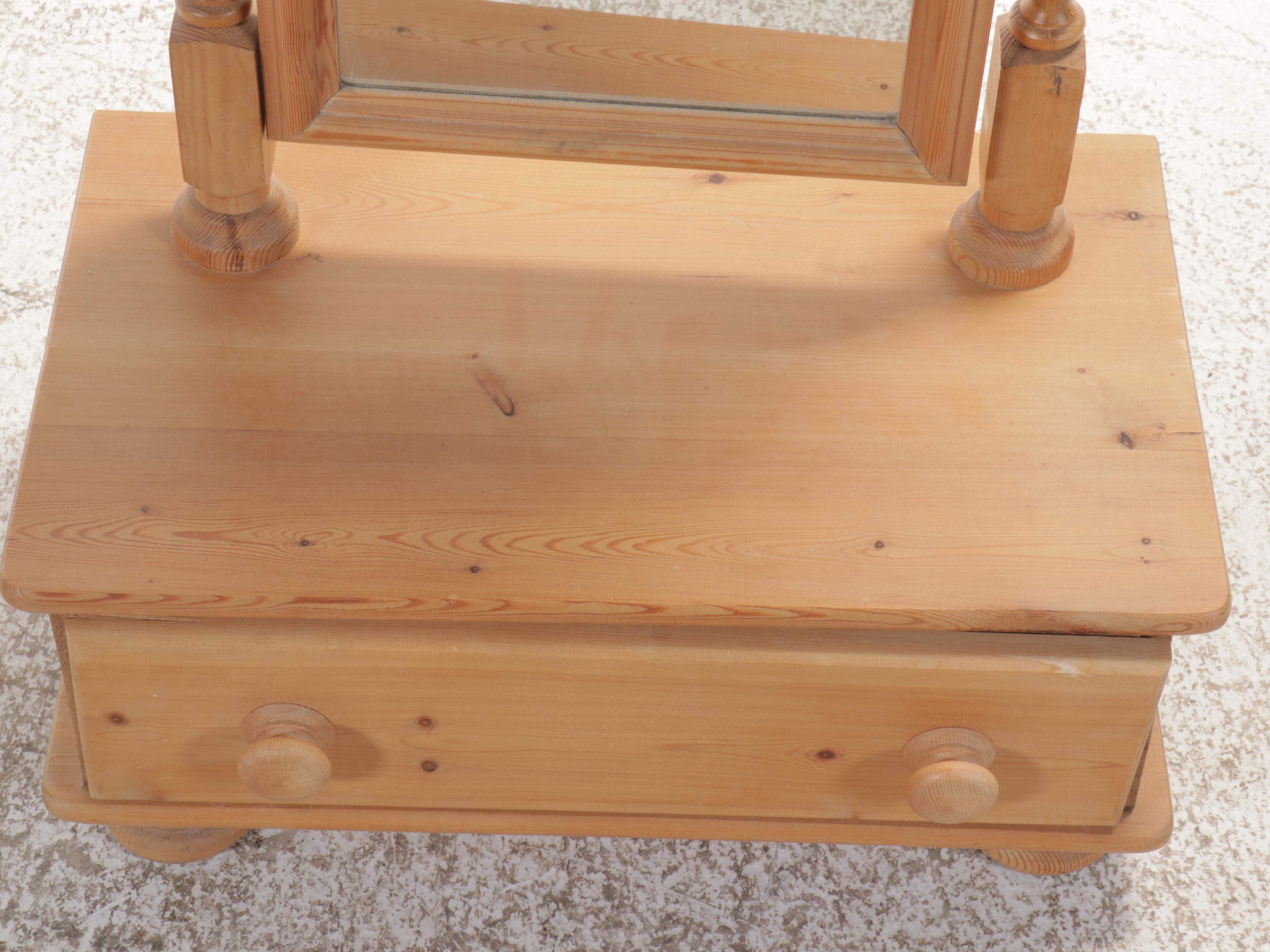 Pine Cheval Mirror with Storage Drawer, 20th Century