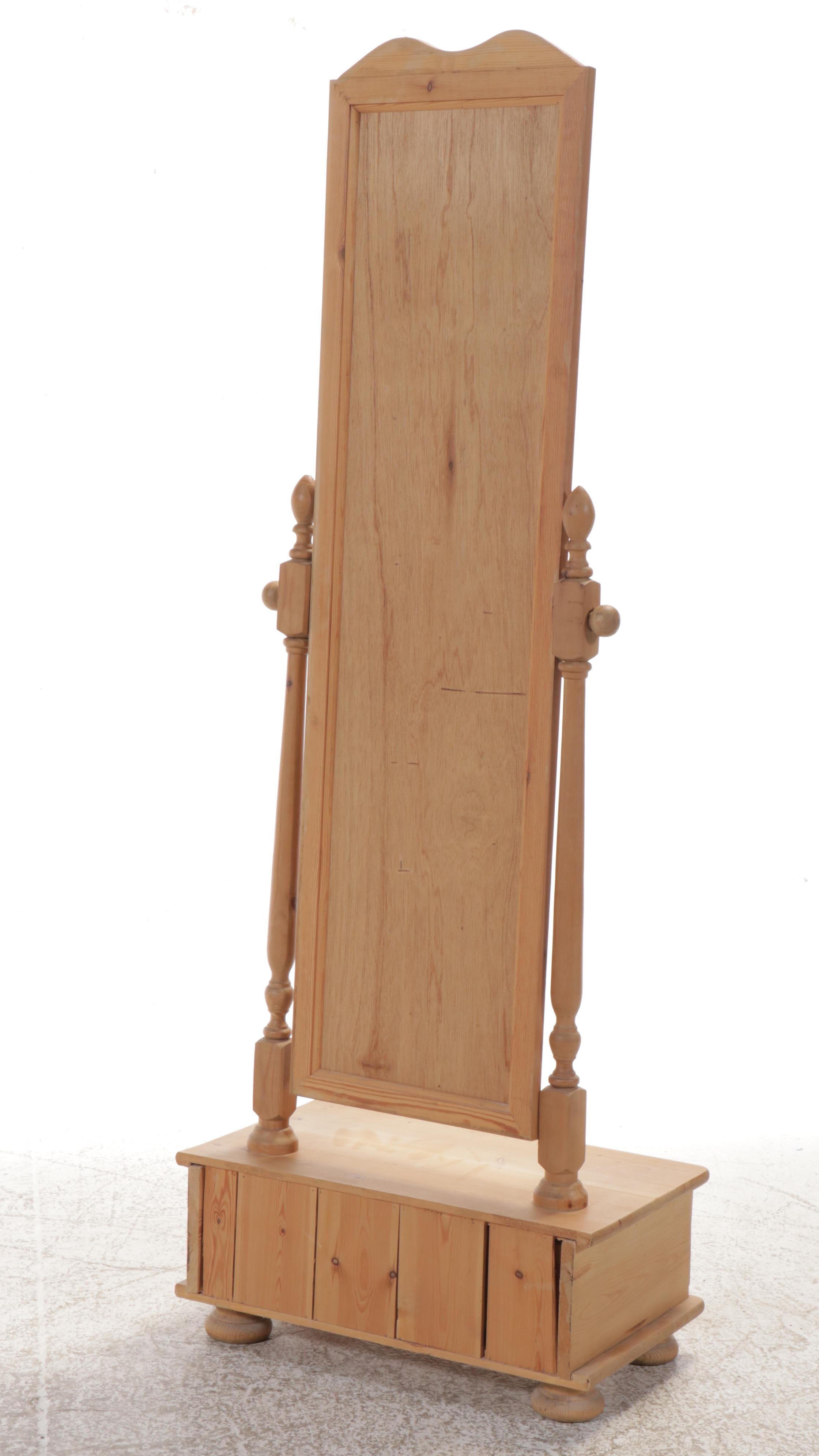 Pine Cheval Mirror with Storage Drawer, 20th Century