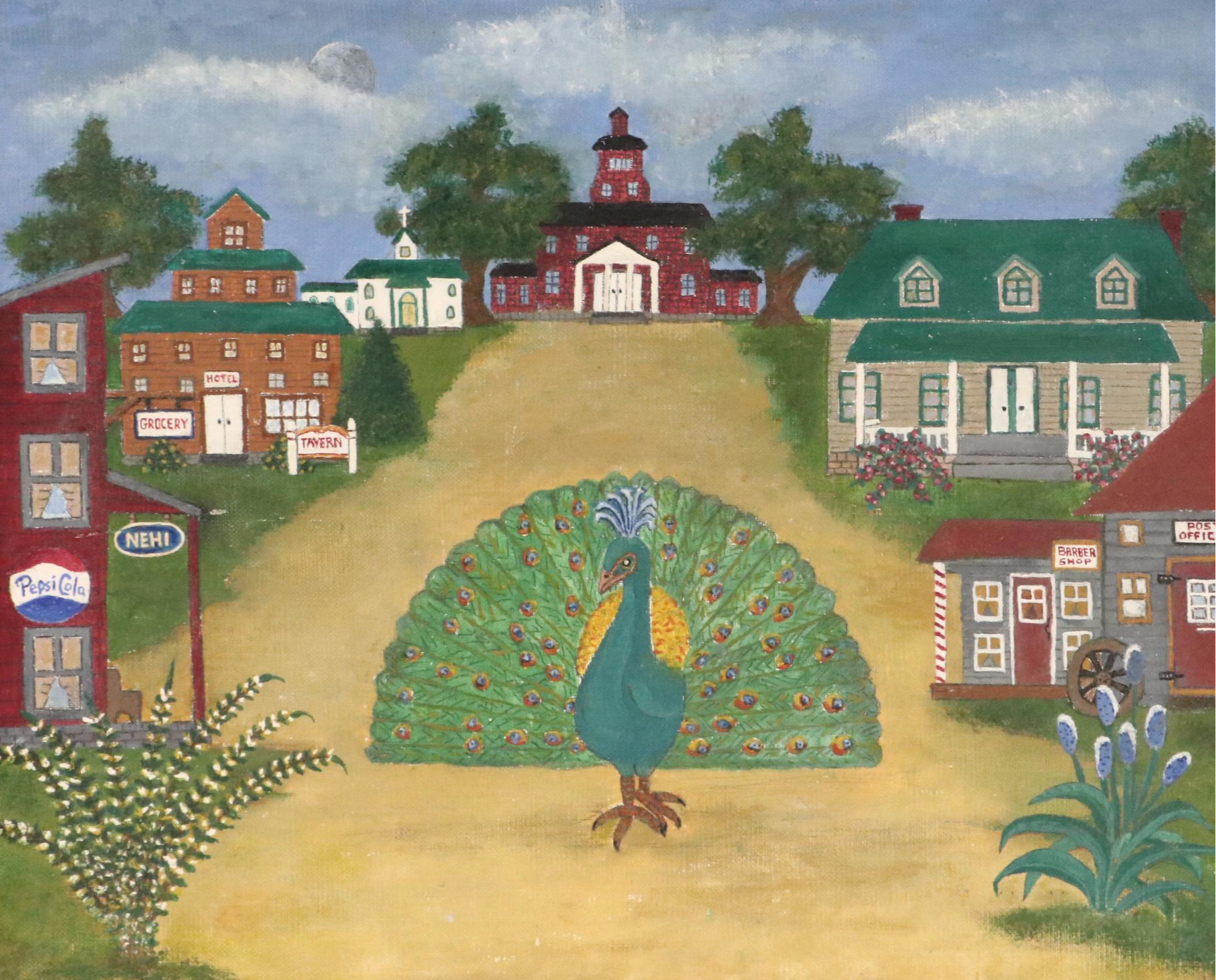 American School Rural Folk Art Oil Painting with Peacock, 20th Century