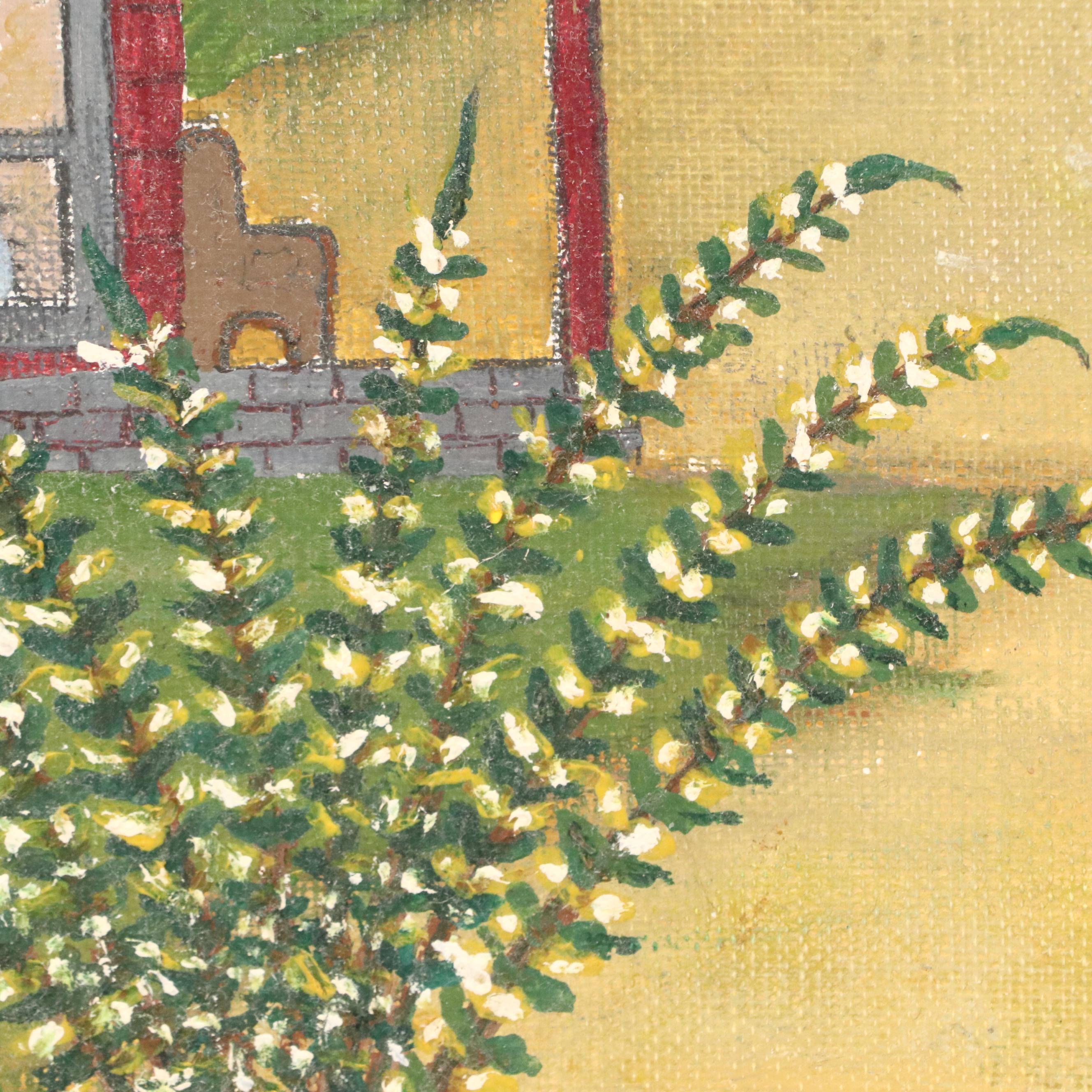 American School Rural Folk Art Oil Painting with Peacock, 20th Century