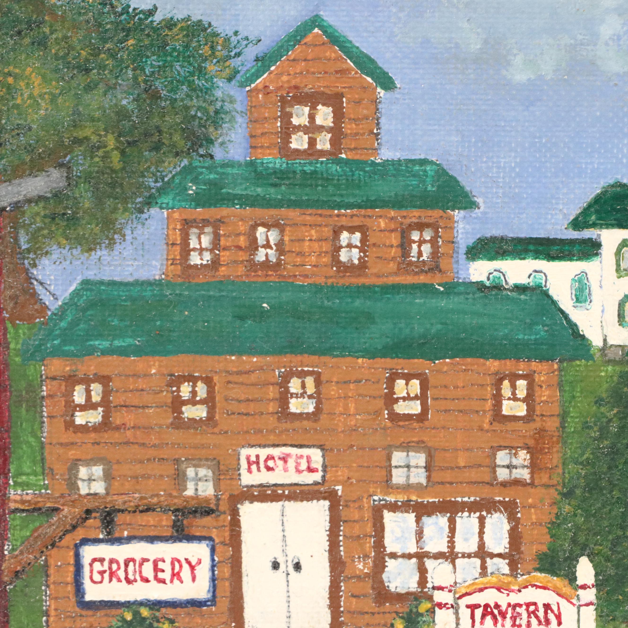 American School Rural Folk Art Oil Painting with Peacock, 20th Century