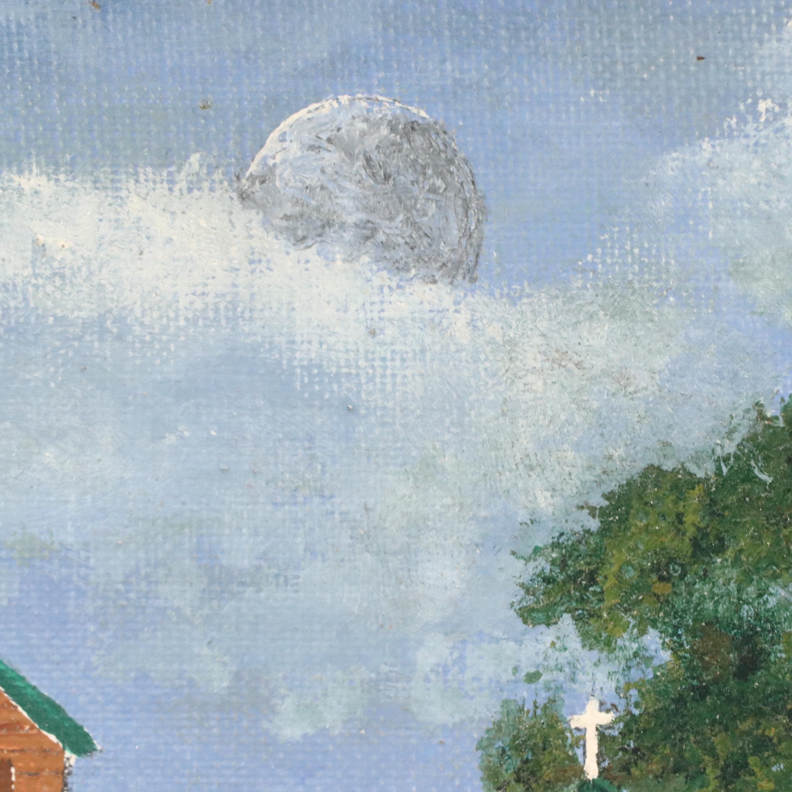 American School Rural Folk Art Oil Painting with Peacock, 20th Century