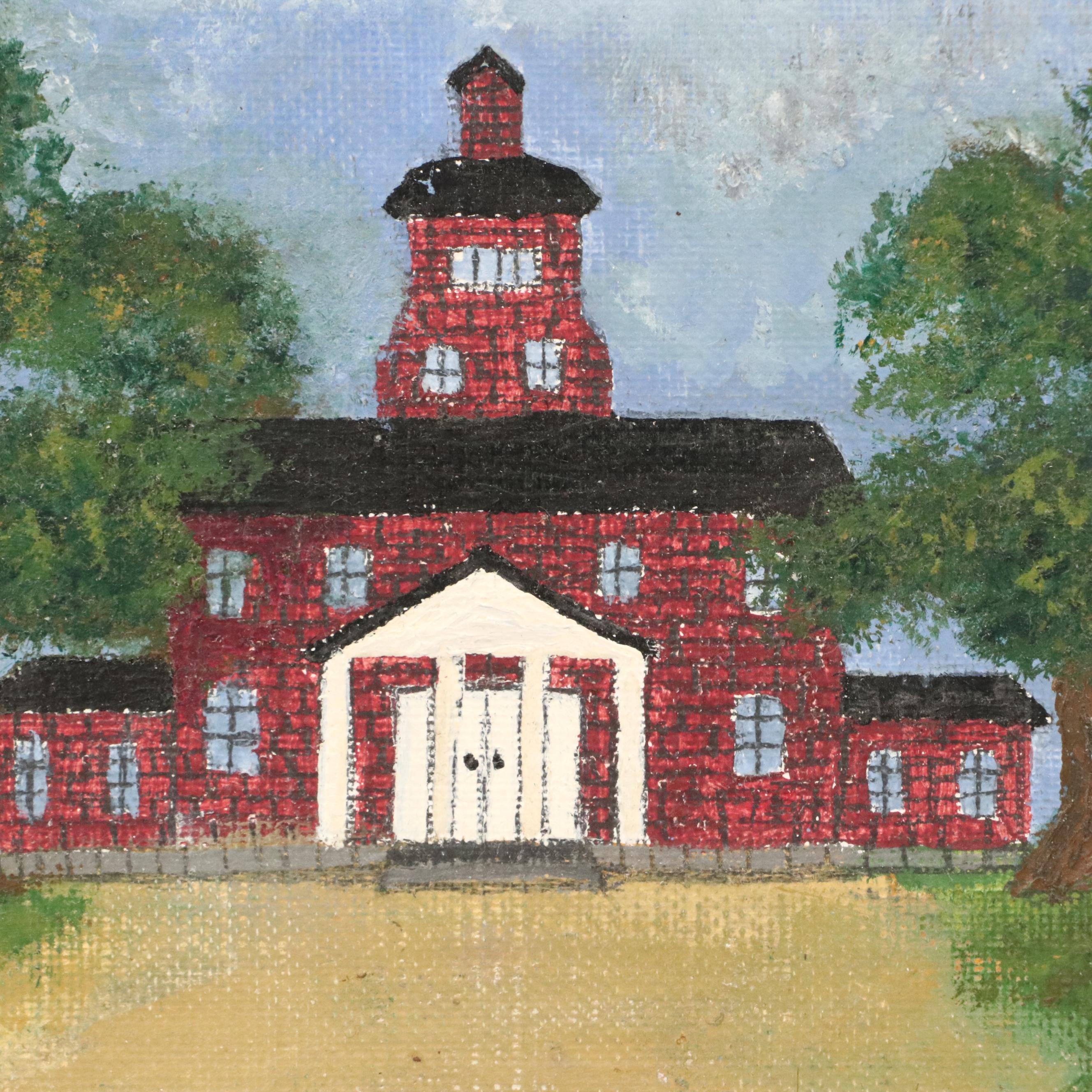 American School Rural Folk Art Oil Painting with Peacock, 20th Century
