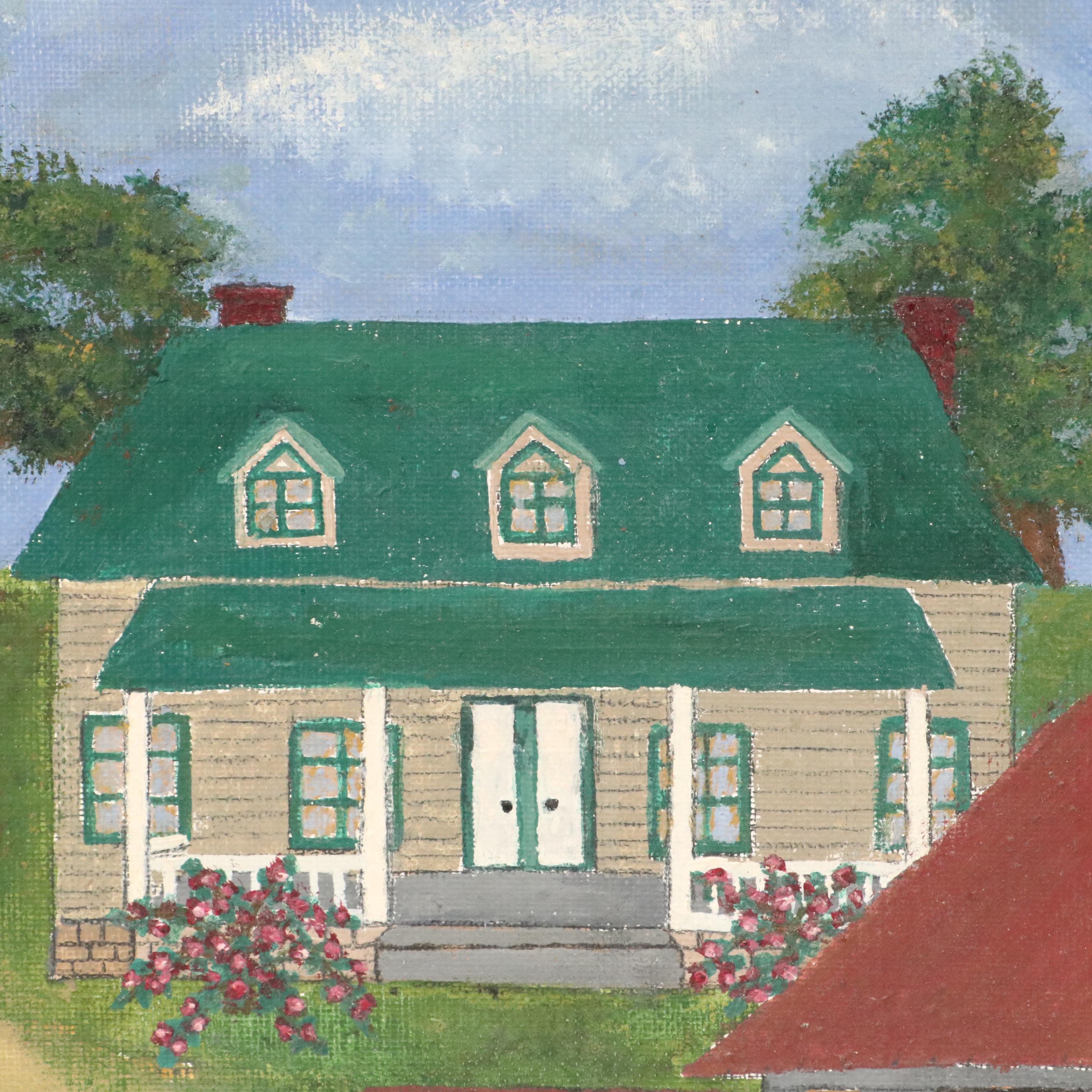 American School Rural Folk Art Oil Painting with Peacock, 20th Century