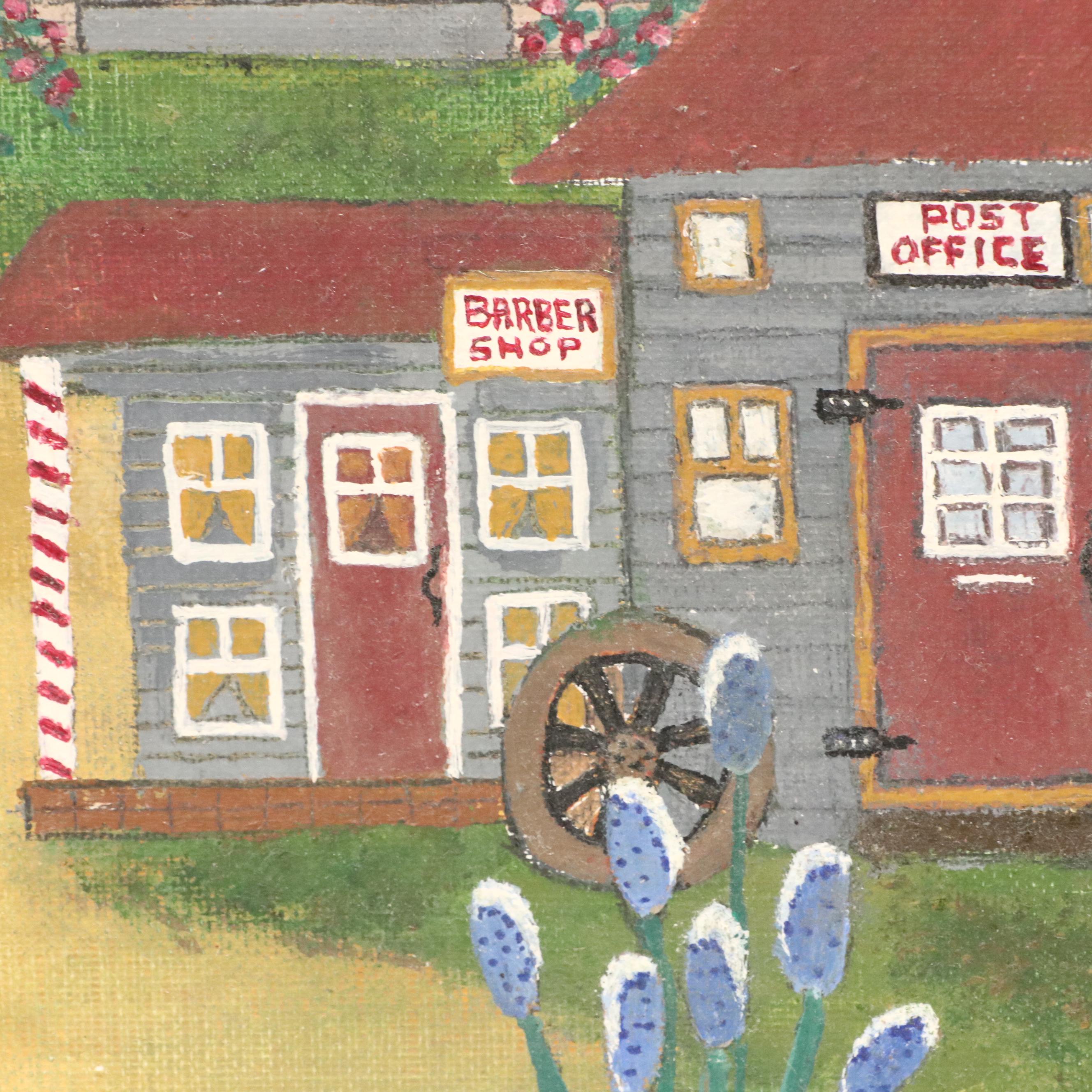 American School Rural Folk Art Oil Painting with Peacock, 20th Century