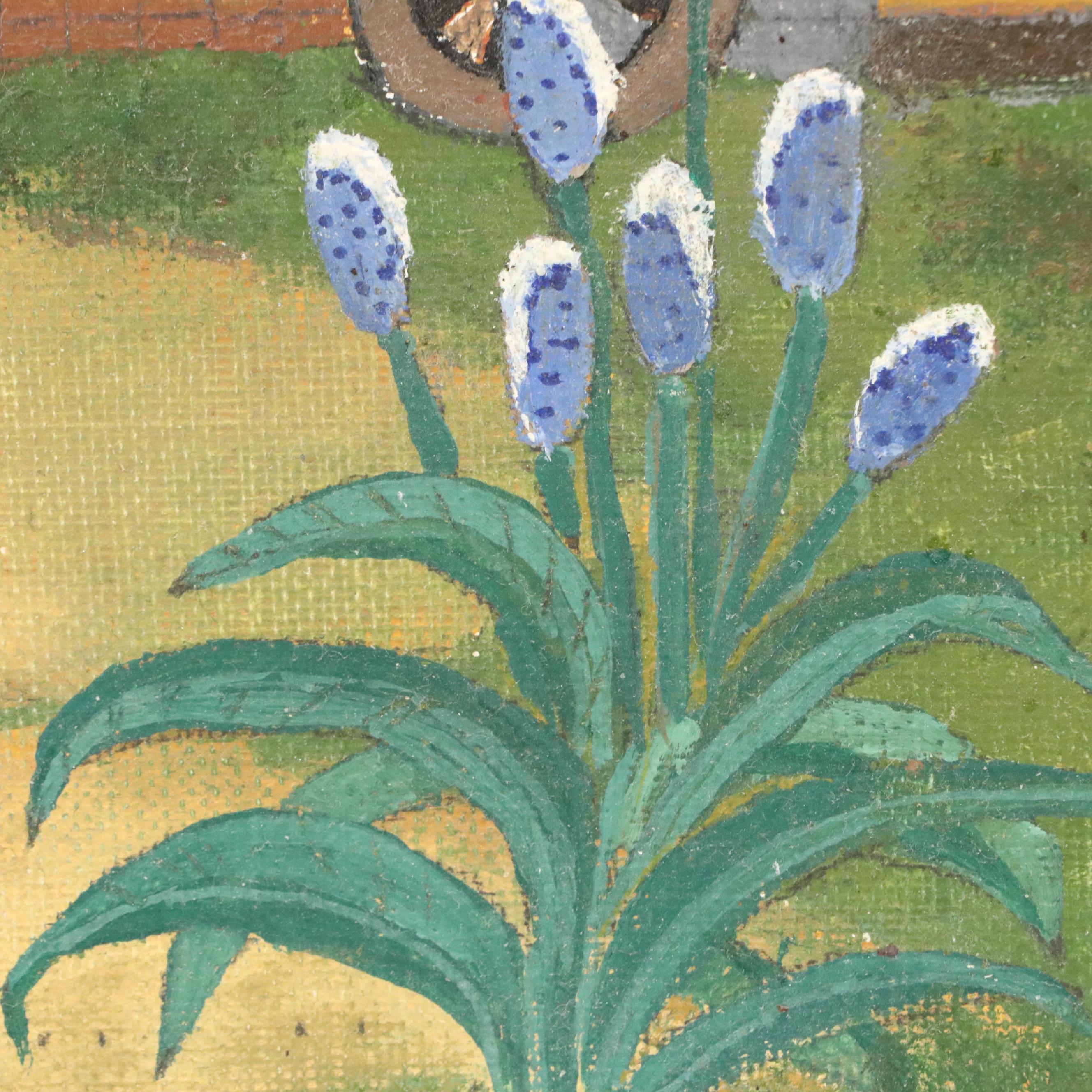 American School Rural Folk Art Oil Painting with Peacock, 20th Century