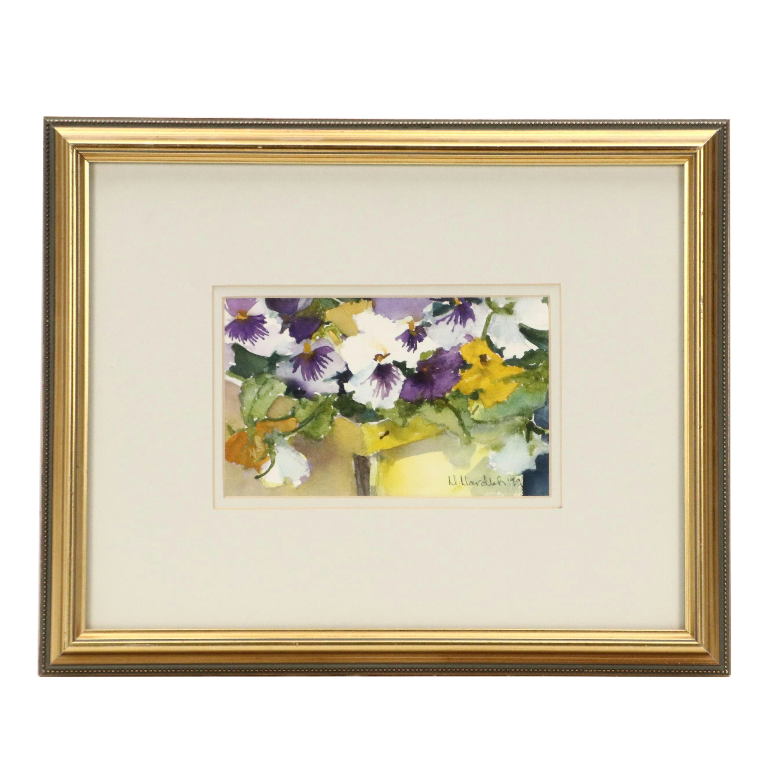 Nancy Nordloh Neville Watercolor Painting "Pansies in a Little Basket," 1999